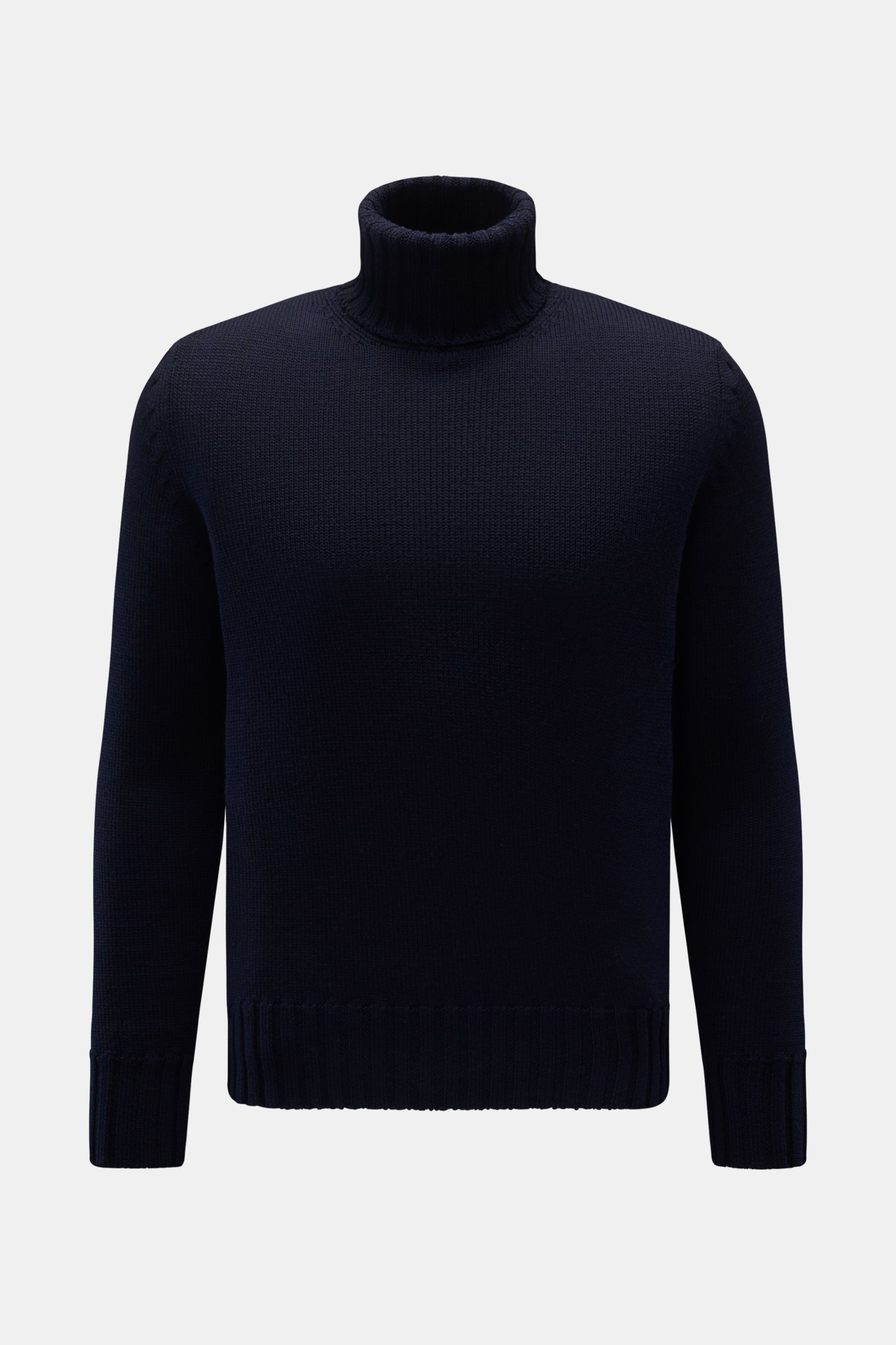 B.F. Knitwear Merino Rollkragenpullover navy, frontale Perspektive, reine Merinowolle, weicher Griff, fully fashioned, mittelgrobes Strickbild, Slim Fit, gerippter Rollkragen, flexible Rippbündchen.