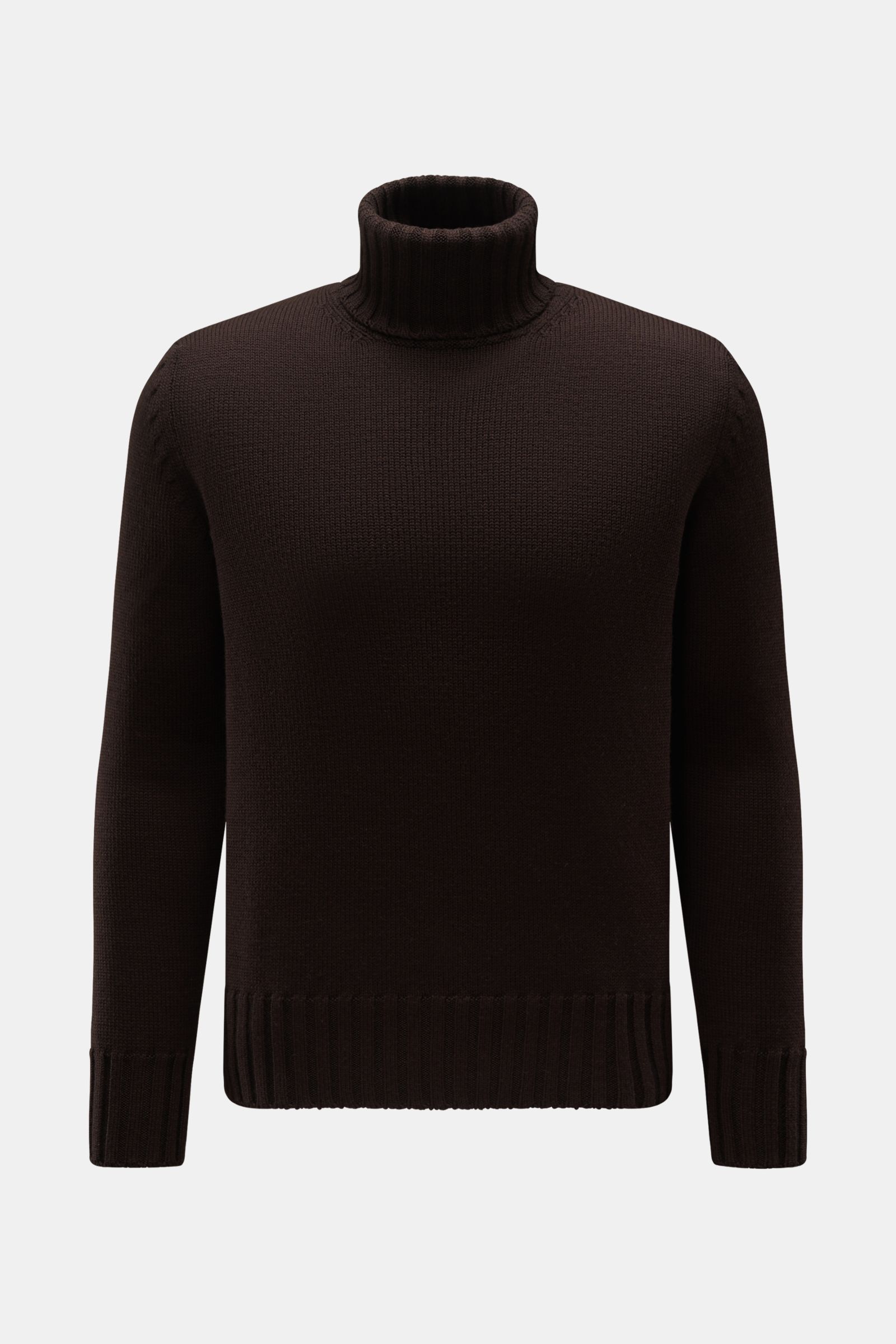 B.F. Knitwear Merino Rollkragenpullover dunkelbraun, frontal fotografiert, reine Merinowolle, weicher Griff, fully fashioned, mittelgrobes Strickbild, Slim Fit, gerippter Rollkragen, flexible Rippbündchen.