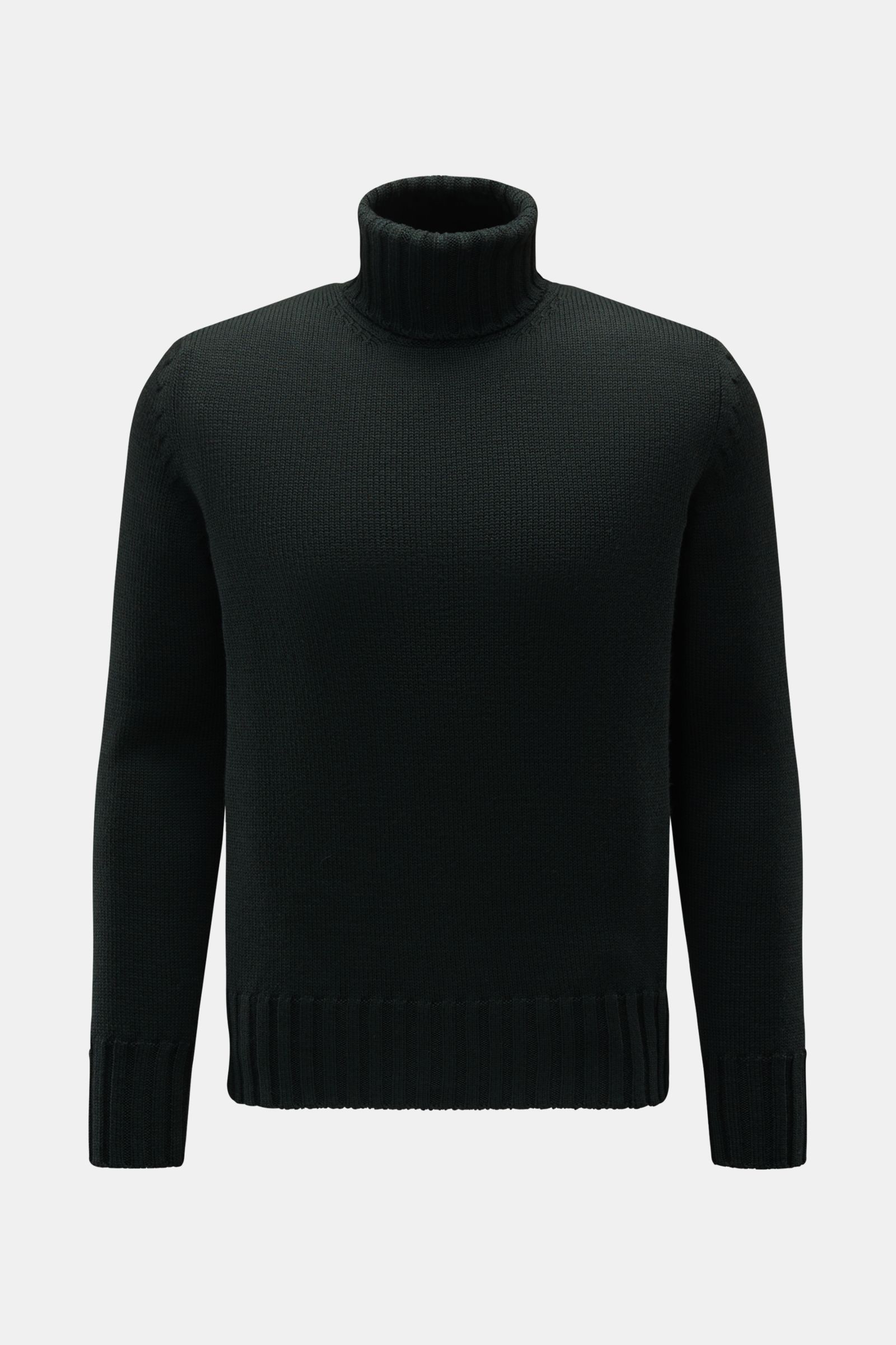 B.F. Knitwear Merino Rollkragenpullover dunkelgrün, Frontansicht, reine Merinowolle, weicher Griff, fully fashioned, mittelgrobes Strickbild, Slim Fit, gerippter Rollkragen, flexible Rippbündchen.