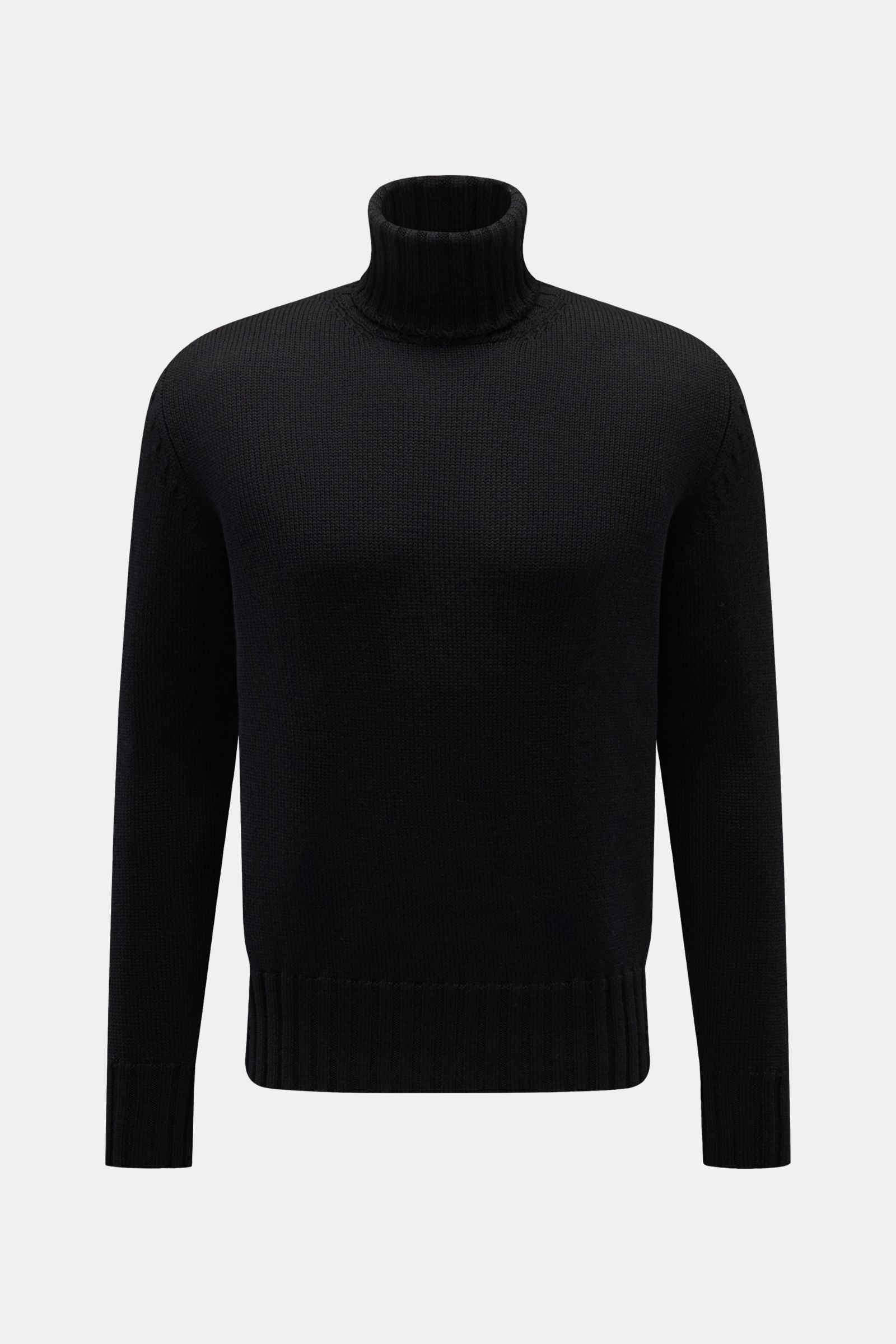 B.F. Knitwear Merino Rollkragenpullover schwarz, frontale Ansicht, Slim Fit, weicher, mittelfeiner Merinowoll-Strick, Rippstrick Rollkragen und Bündchen.