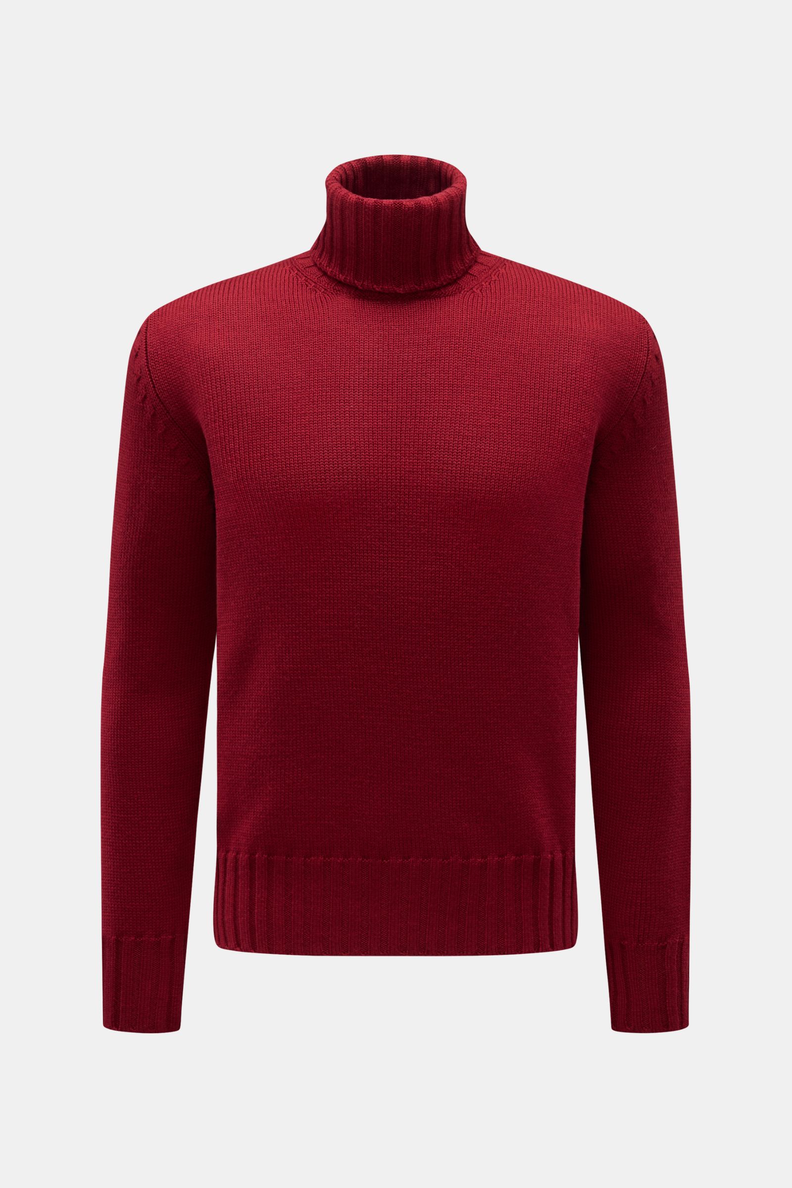 B.F. Knitwear Merino Rollkragenpullover dunkelrot, frontale Ansicht, Slim Fit, reine Merinowolle, weicher Griff, fully fashioned, mittelgrobes Strickbild, gerippter Rollkragen, flexible Rippbündchen.