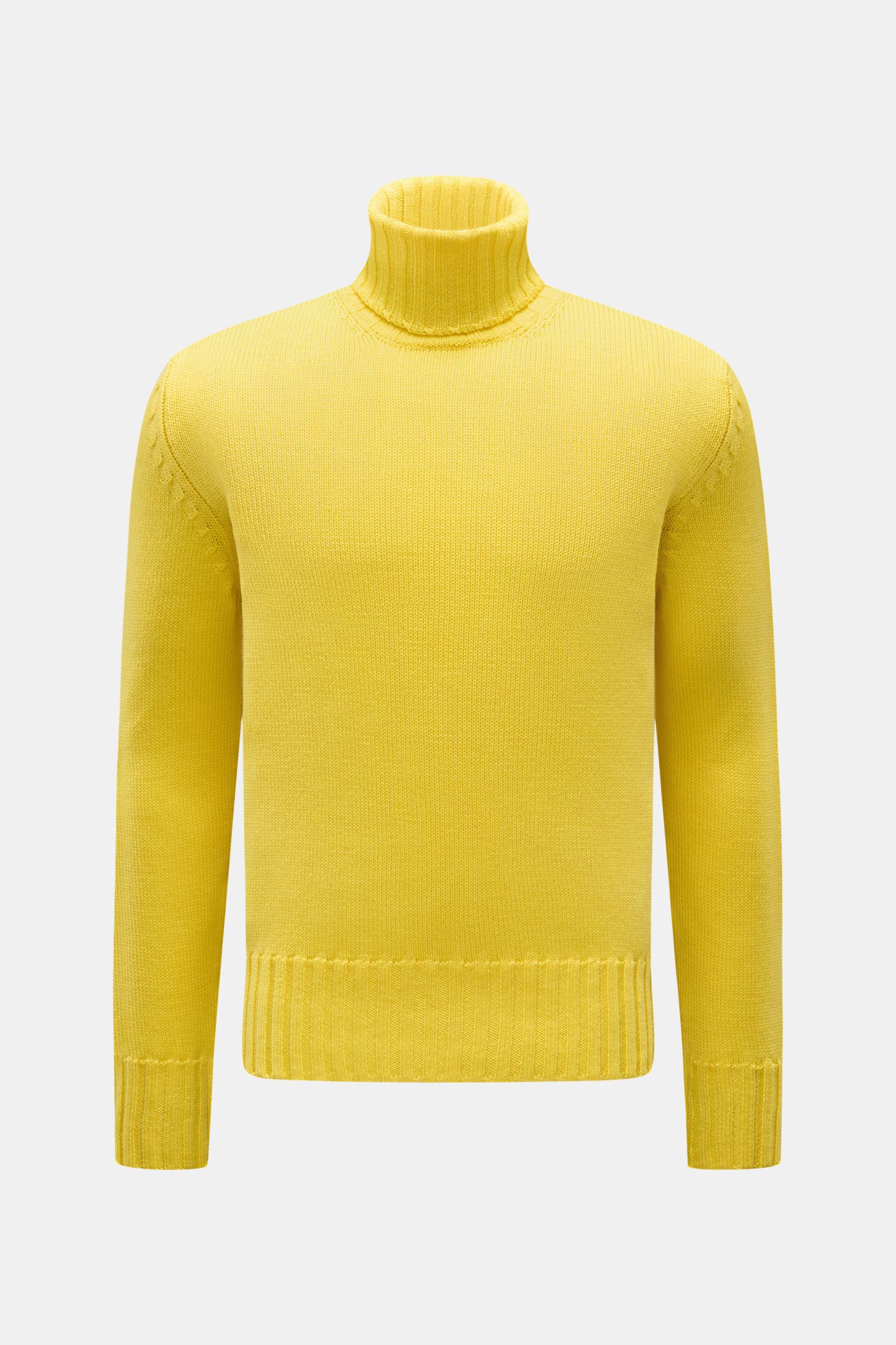 Front view of B.F. Knitwear Merino turtleneck jumper yellow in pure merino wool, soft feel, fully fashioned, semi chunky knit, slim fit, ribbed turtleneck, flexible ribbed bands.