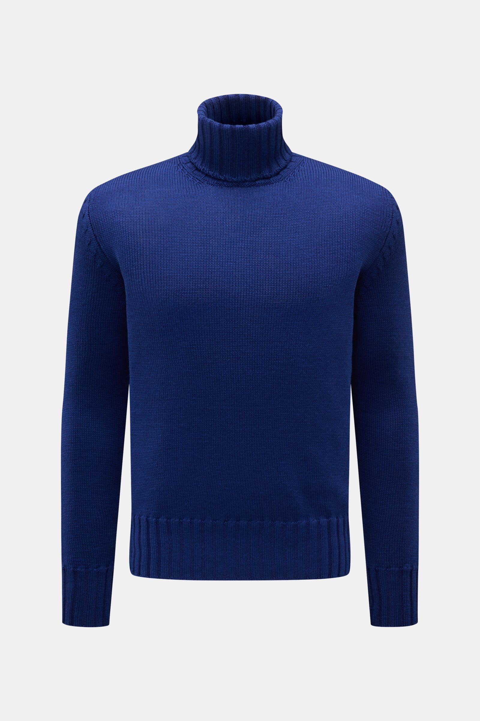 B.F. Knitwear Merino Rollkragenpullover dunkelblau, frontal fotografiert, Slim Fit, reine Merinowolle, weicher Griff, mittelgrobes Strickbild, gerippter Rollkragen, flexible Rippbündchen, fully fashioned.
