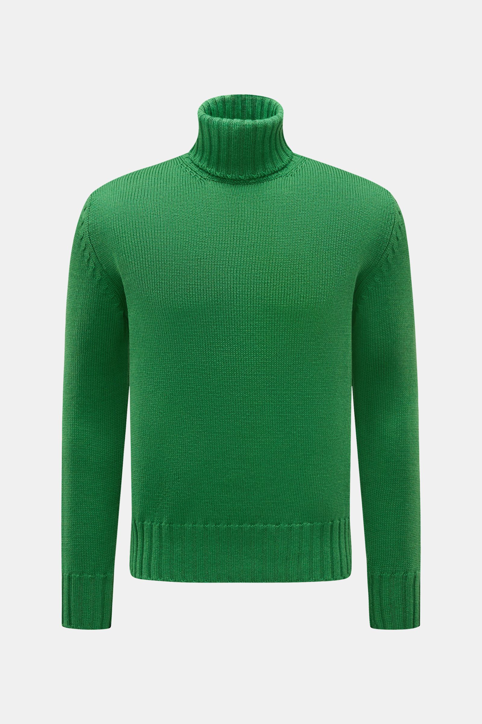B.F. Knitwear Merino Rollkragenpullover grün, frontale Perspektive, Slim Fit, reine Merinowolle, weicher Griff, fully fashioned, mittelgrobes Strickbild, gerippter Rollkragen, flexible Rippbündchen.