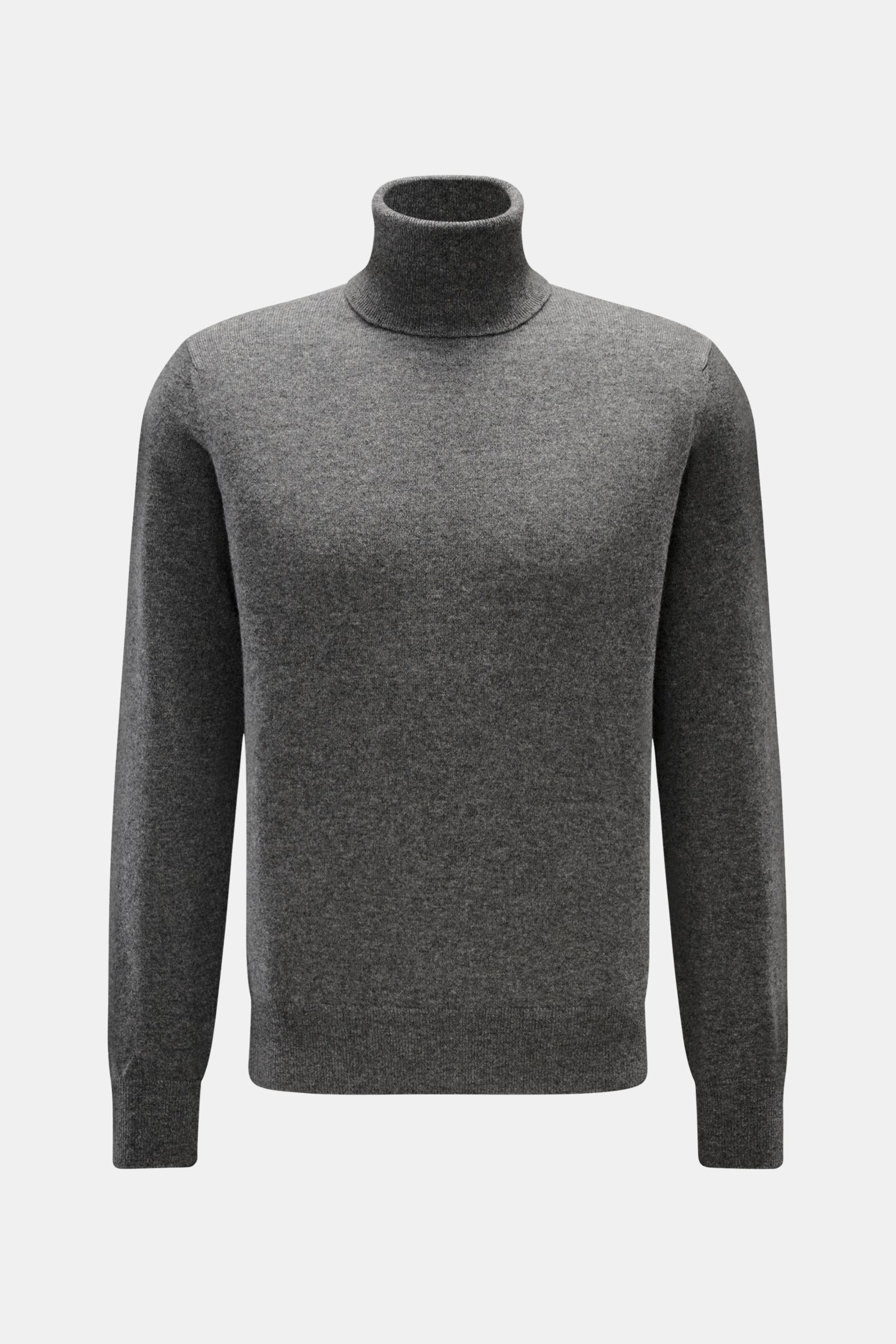 Cruciani Cashmere Rollkragenpullover dunkelgrau meliert, slim Fit, feines Strickbild, elastische Bündchen, anliegender Rollkragen, frontal fotografiert.