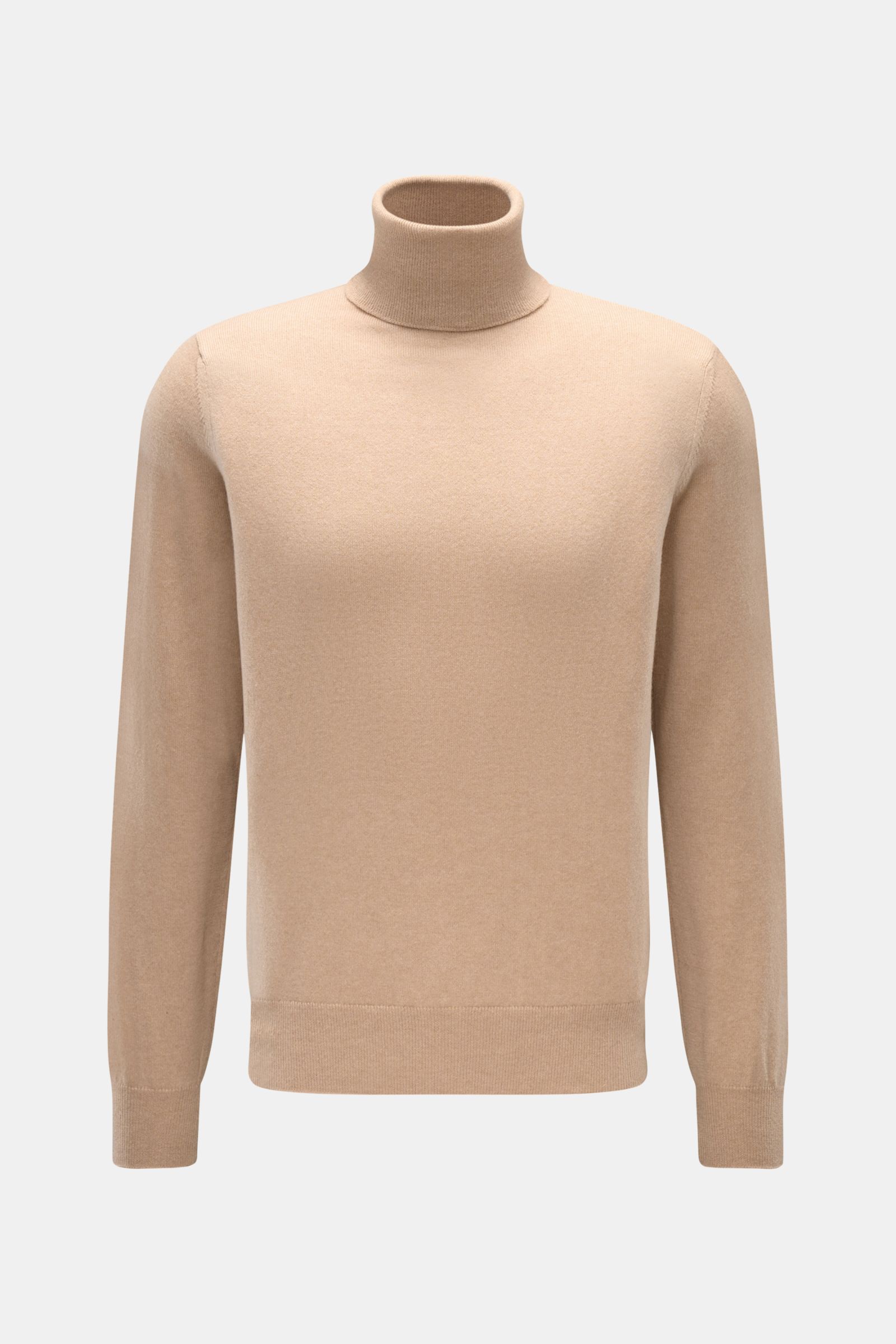 Front view of Cruciani Cashmere turtleneck jumper beige, slim cut in pure cashmere with smooth touch, fine knit, elasticated rib knit bands, and close-fitting turtleneck. CRUCIANI brings us a classic basic for the colder months with this slim cut turtl
