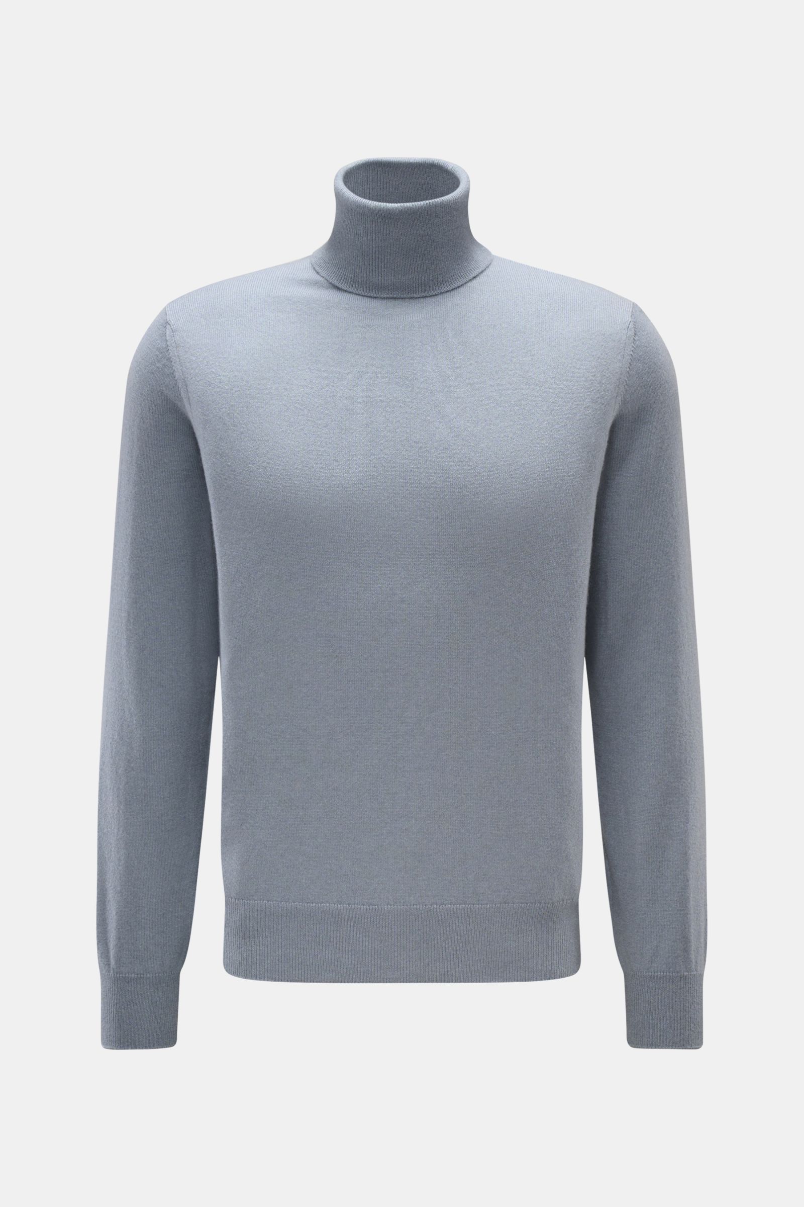 Cruciani Cashmere Rollkragenpullover rauchblau, Slim Fit, reiner Cashmere, feines Strickbild, elastische Bündchen, Frontansicht, soft und geschmeidig.