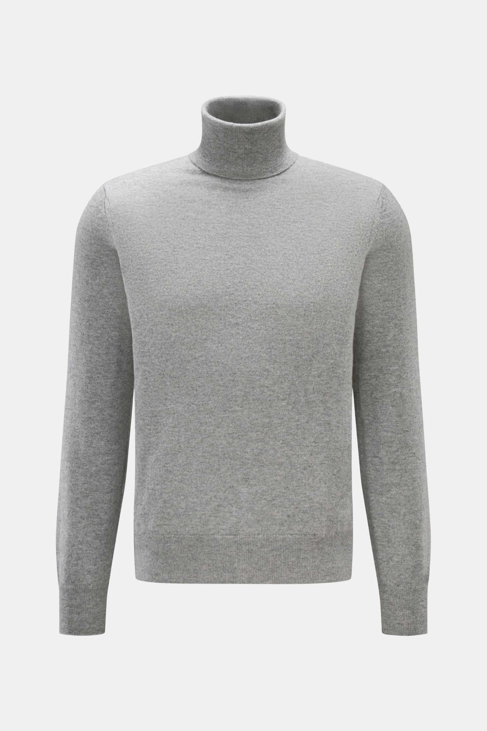 Cruciani Cashmere Rollkragenpullover grau meliert, Slim Fit, reiner Cashmere, feines Strickbild, elastische Rippstrickbündchen, Frontansicht.