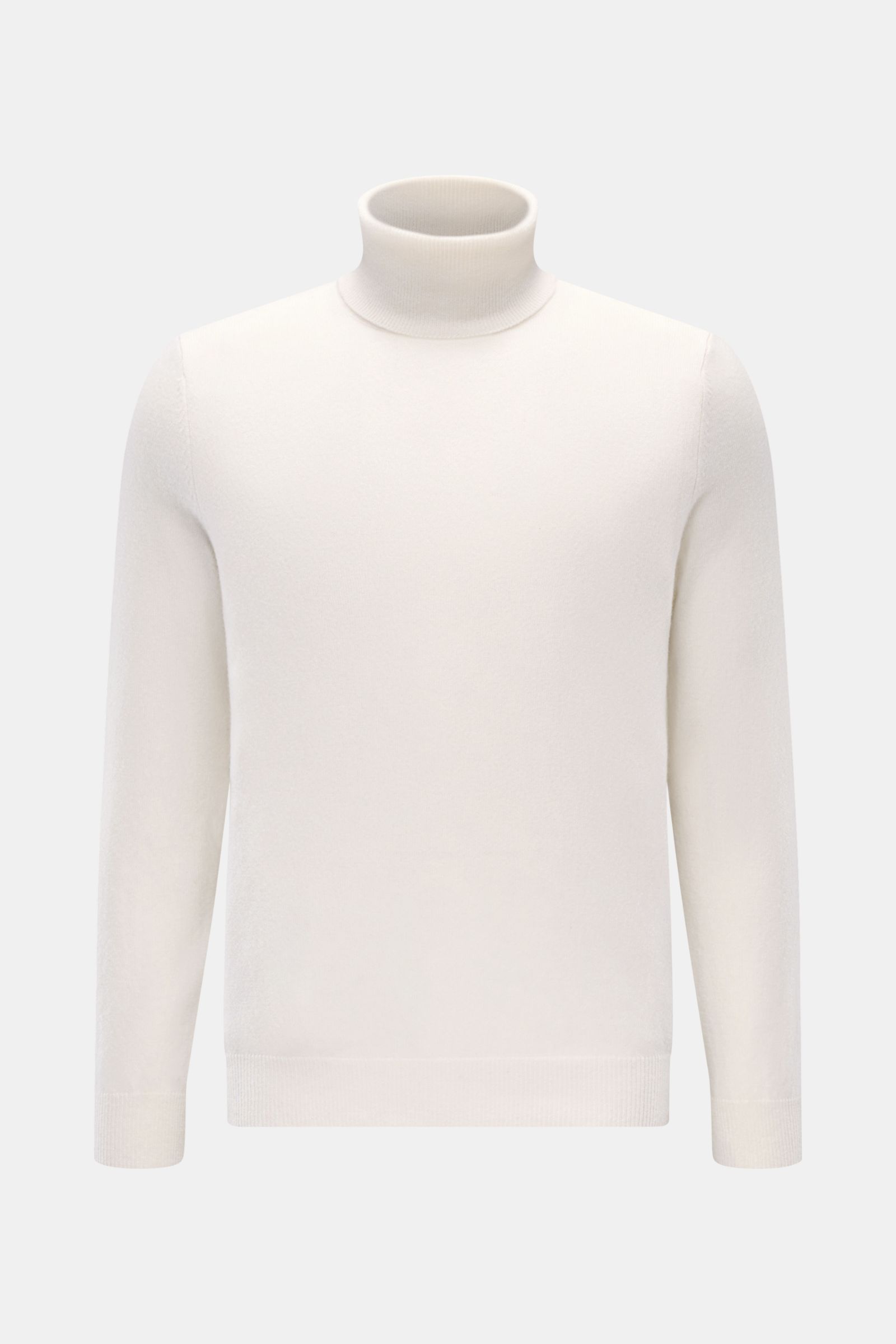 FTC Cashmere Rollkragenpullover offwhite, Slim Fit, feines Strickbild, reiner Cashmere, weicher Griff, Rippstrick-Rollkragen, frontal fotografiert.