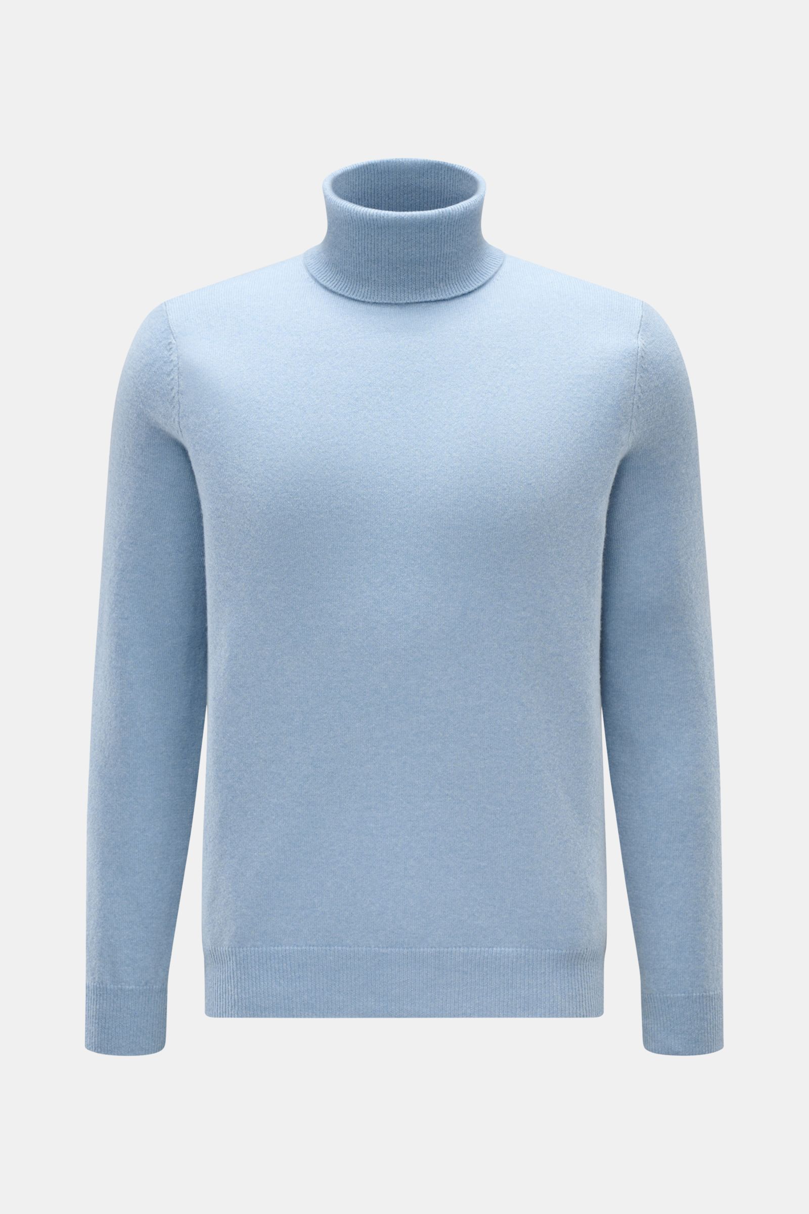 FTC Cashmere Rollkragenpullover hellblau meliert in Slim Fit, frontal fotografiert, mit weichem Griff, feinem Strickbild, Rippkragen und Rippbündchen.