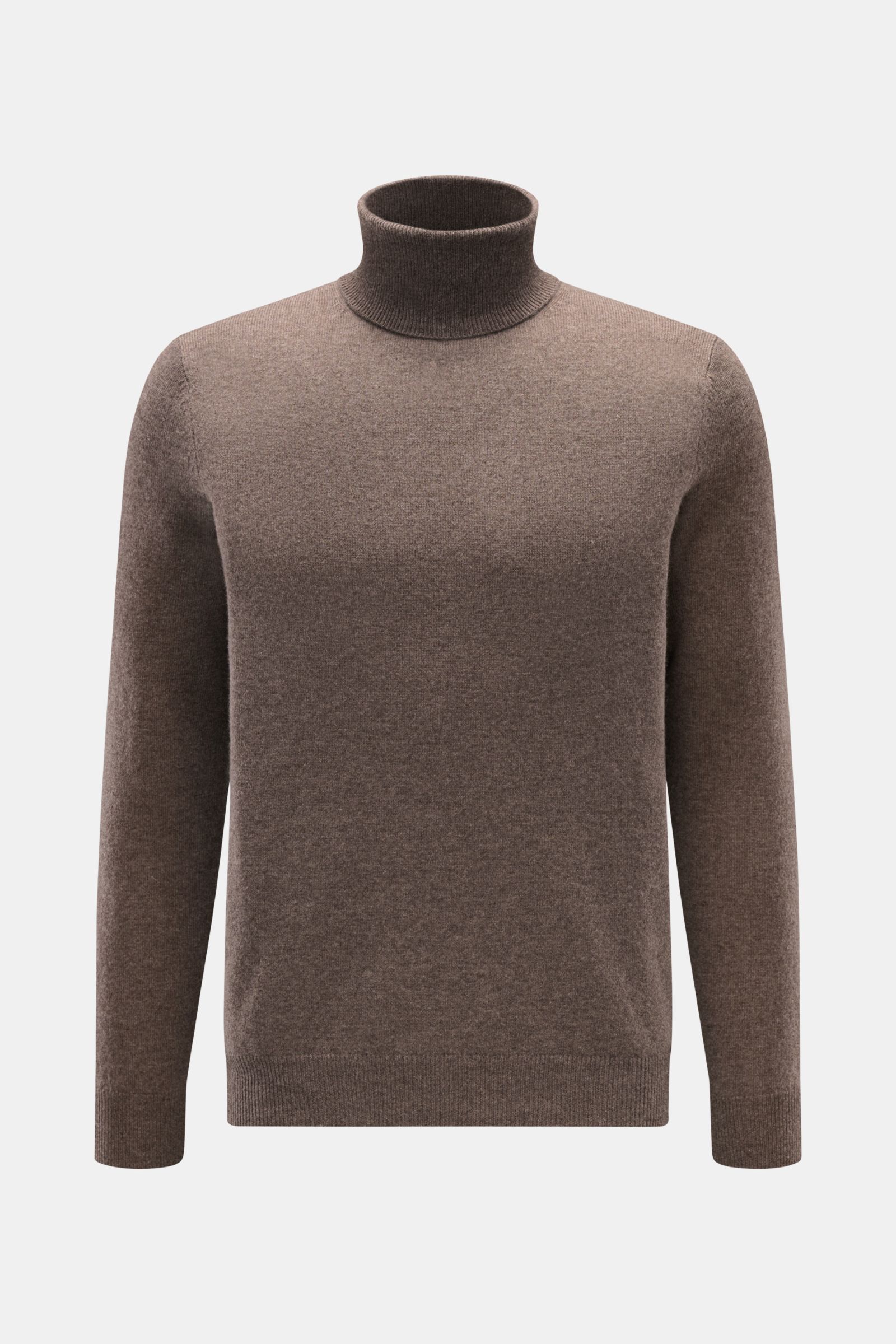 FTC Cashmere Rollkragenpullover graubraun meliert, Slim Fit, feines Strickbild, weicher Griff, Rippstrick-Rollkragen, Rippbündchen, frontal fotografiert.