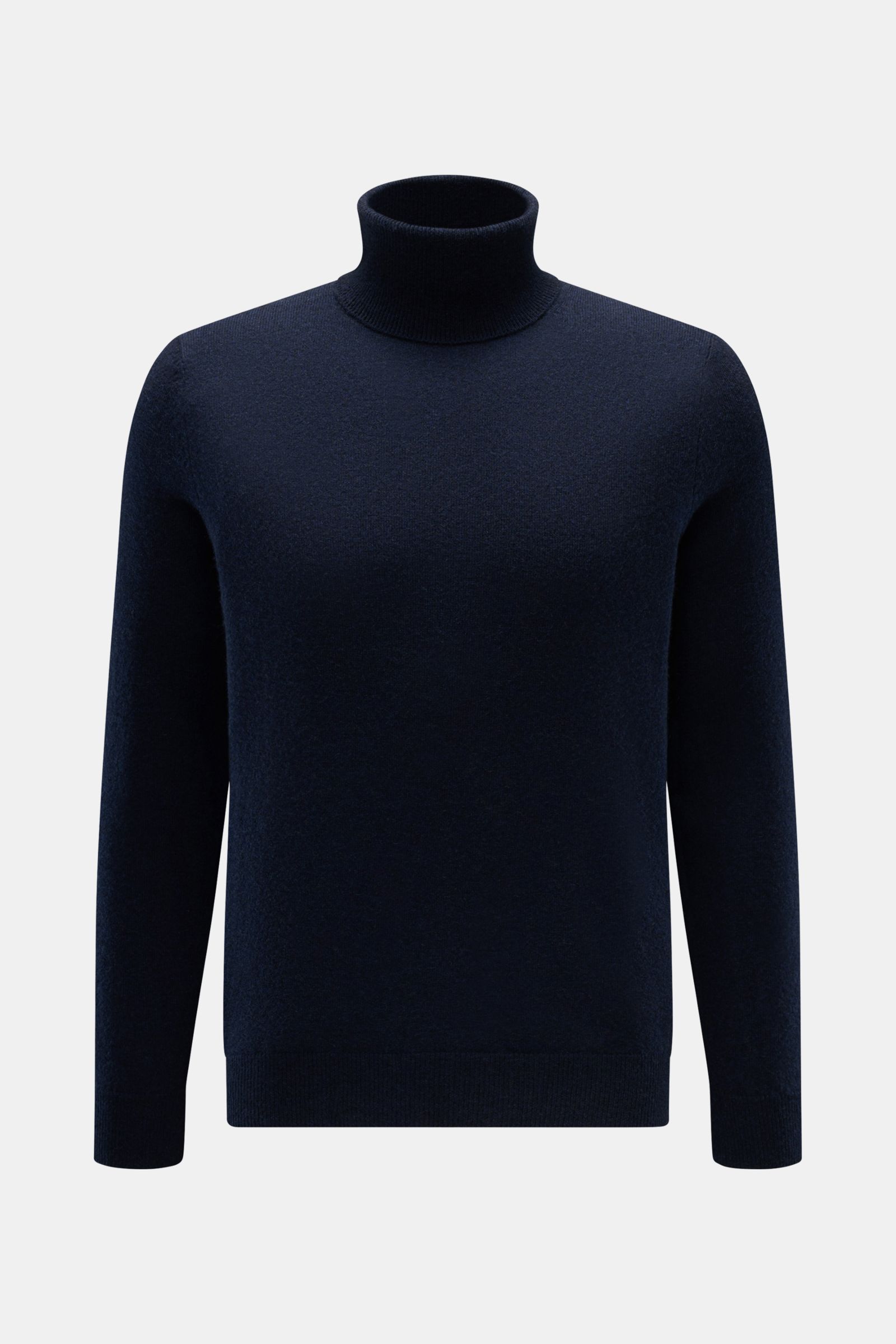Front view of FTC Cashmere turtleneck jumper navy in pure cashmere with slim fit, fine knit, rib knit turtleneck, and comfortable ribbed bands.

Description:  
A timeless must-have for winter: This turtleneck jumper in pure cashmere by FTC has a wonder