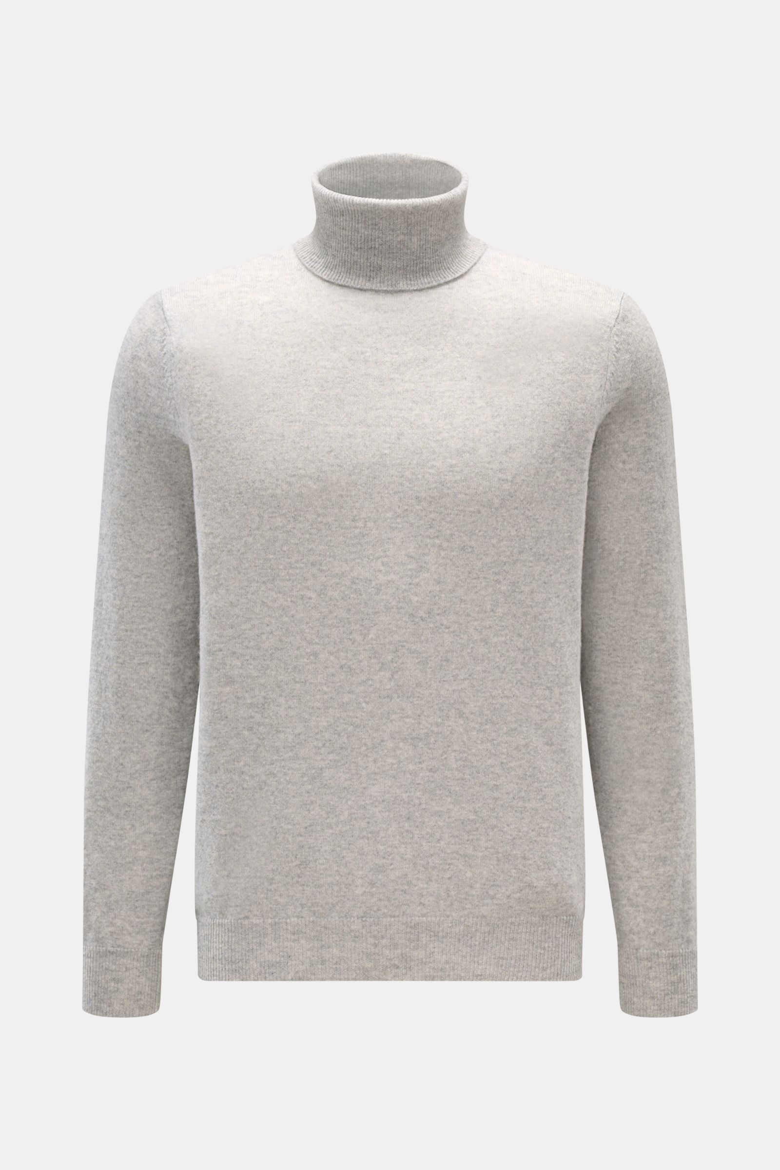 FTC Cashmere Rollkragenpullover grau meliert, Frontansicht, Slim Fit, reiner Cashmere, weicher Griff, feines Strickbild, Rippstrick-Rollkragen, Rippbündchen.