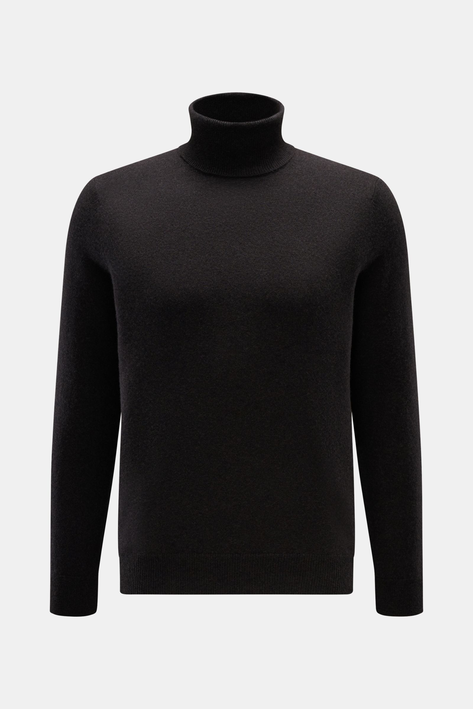 FTC Cashmere Rollkragenpullover dunkelbraun, frontale Nahaufnahme, Slim Fit, reiner Cashmere, weicher Griff, feines Strickbild, Ripprollkragen und Rippbündchen.