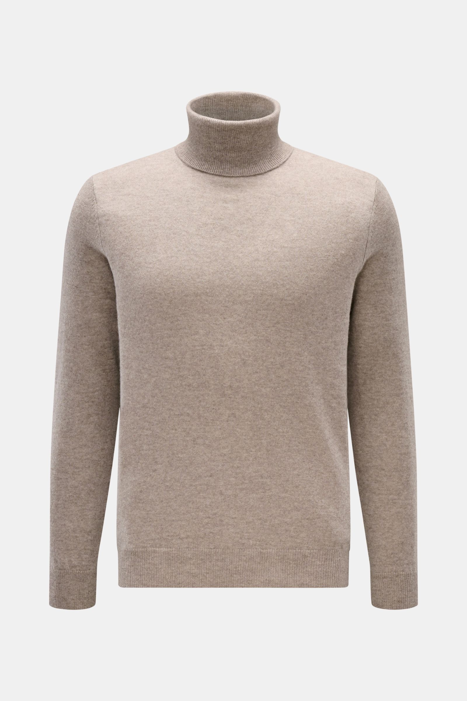 FTC Cashmere Rollkragenpullover taupe meliert in Slim Fit, frontal fotografiert, aus reinem Cashmere mit weichem Griff, feinem Strickbild, Ripprollkragen und Rippbündchen.