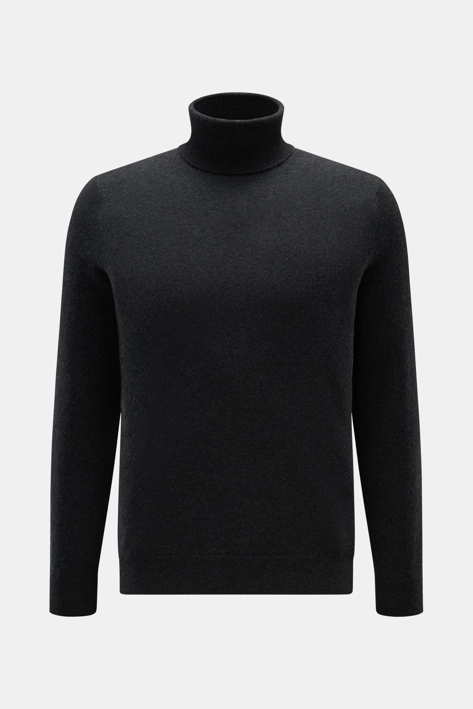 FTC Cashmere Rollkragenpullover anthrazit, frontal fotografiert, Slim Fit, reiner Cashmere, weicher Griff, feines Strickbild, Rippstrick-Rollkragen, Rippbündchen.