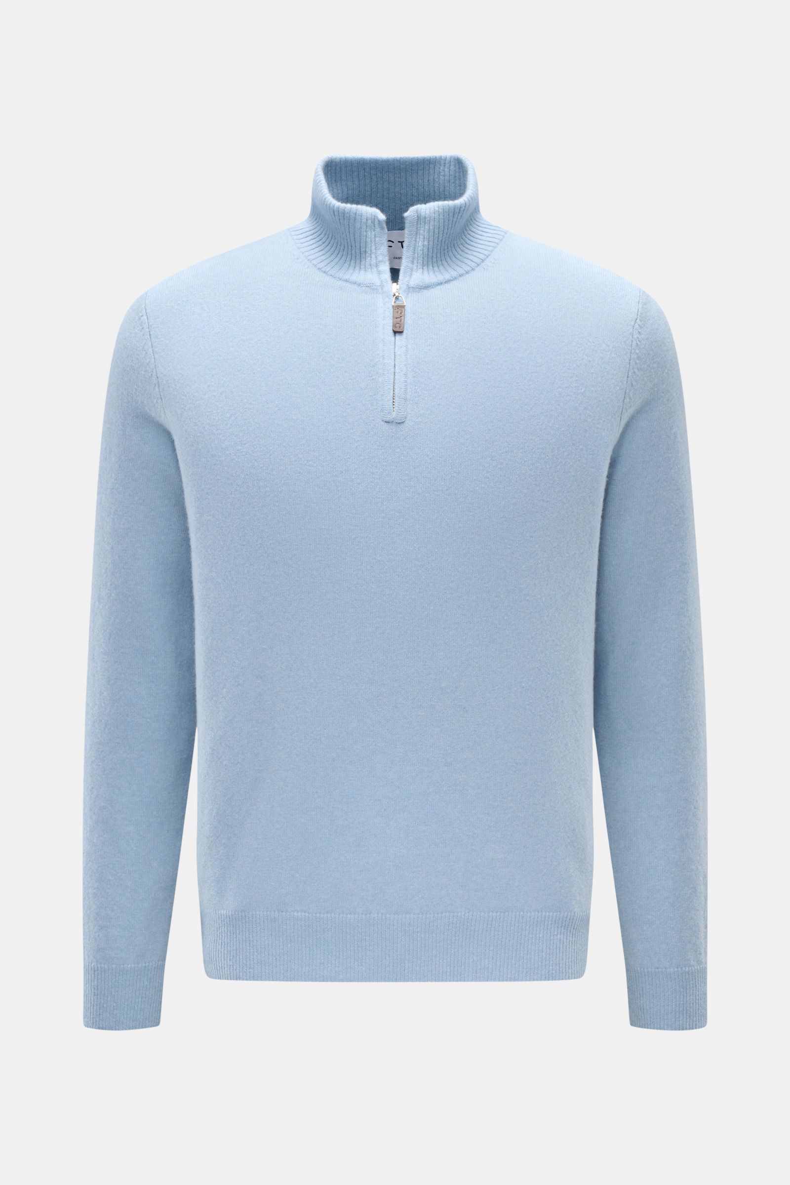 FTC Cashmere Troyer hellblau meliert, frontale Nahaufnahme, Slim Fit, reiner Cashmere, weicher Griff, feines Strickbild, Troyer-Kragen mit Reißverschluss, Rippbündchen.