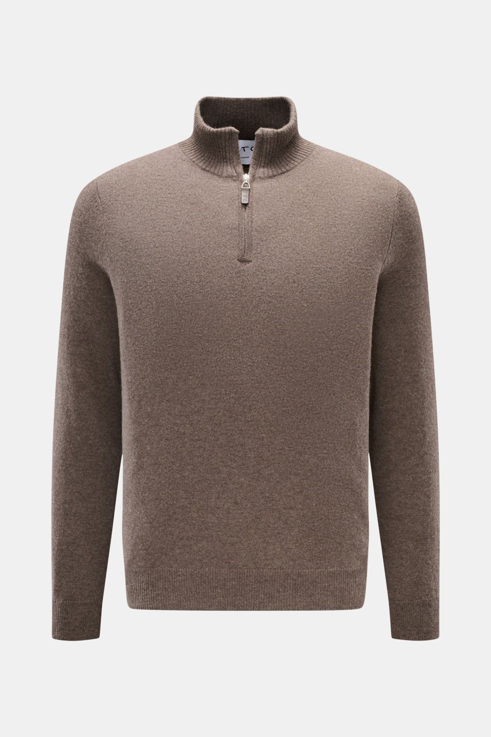 Frontale Aufnahme des FTC Cashmere Troyer graubraun meliert mit Troyer-Kragen, Reißverschluss, Slim Fit, weichem Griff und feinem Strickbild.