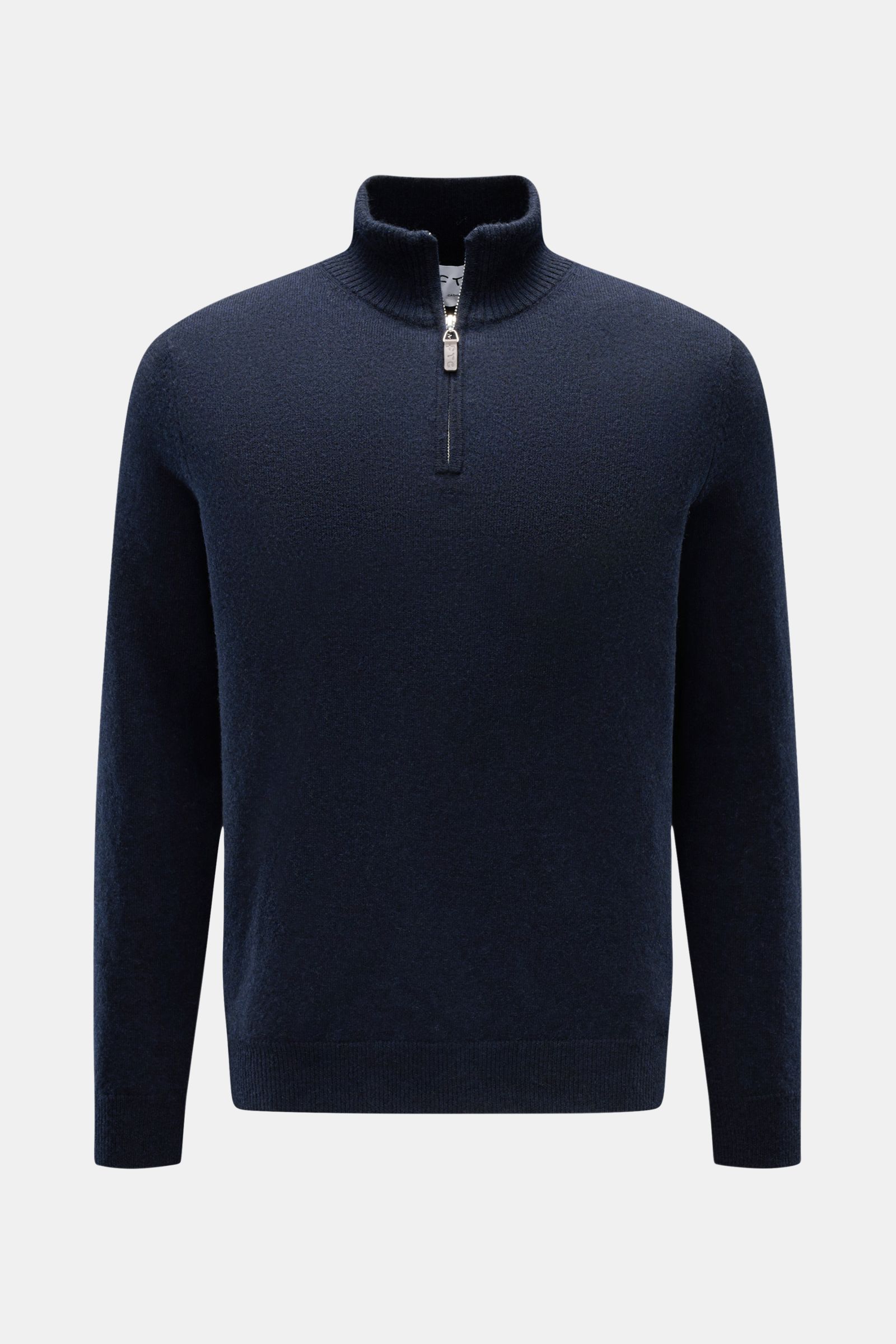 Front view of the FTC Cashmere half-zip jumper navy, a slim fit, pure cashmere jumper with a fine knit, half-zip collar, and ribbed bands. Luxurious comfort: This soft half-zip jumper by FTC has a timeless design that makes it a versatile basic for the co