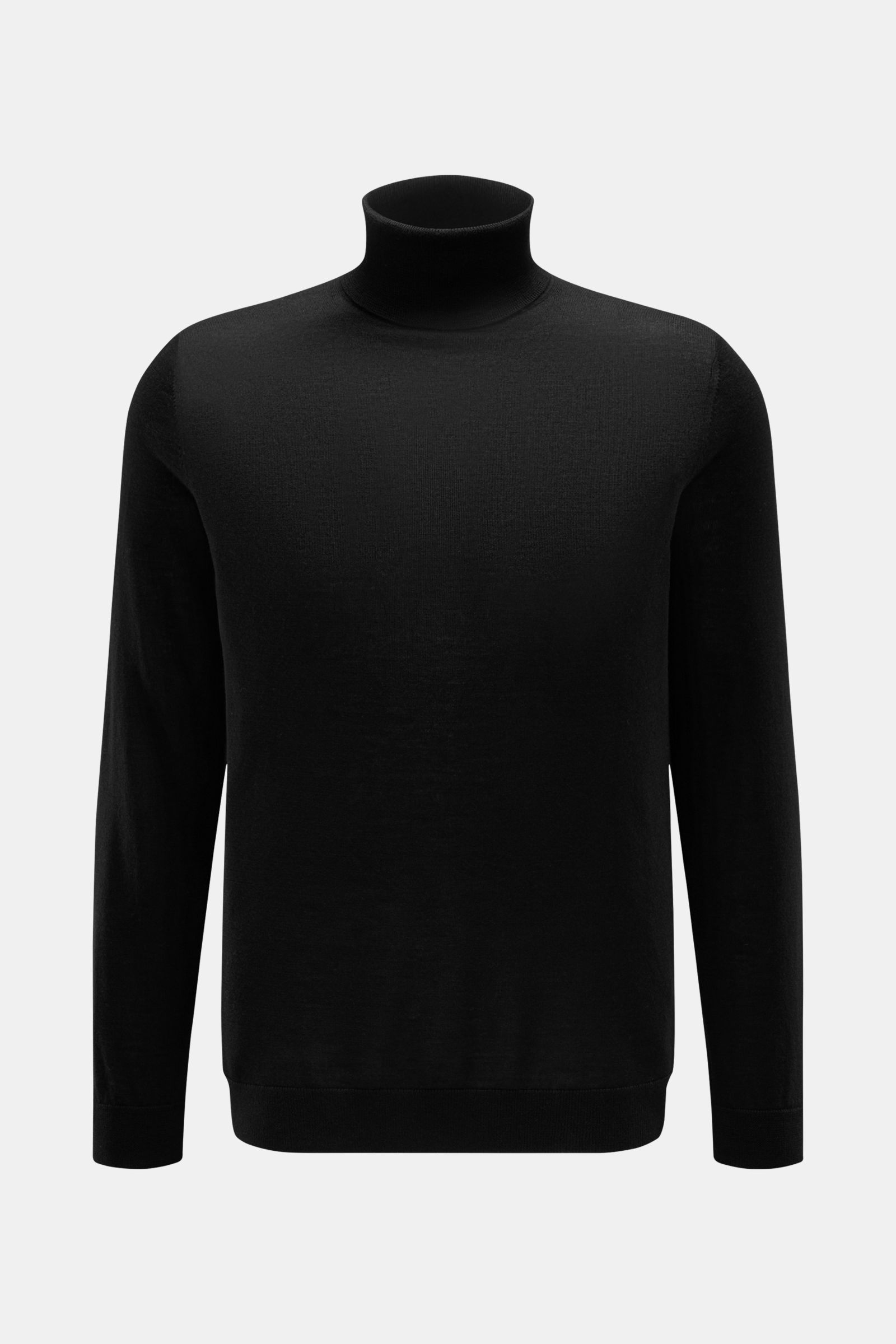 Vorderansicht des FTC Feinstrick-Rollkragenpullovers schwarz aus Cashmere und Lyocell, Slim Fit mit anliegendem Ripp-Rollkragen.