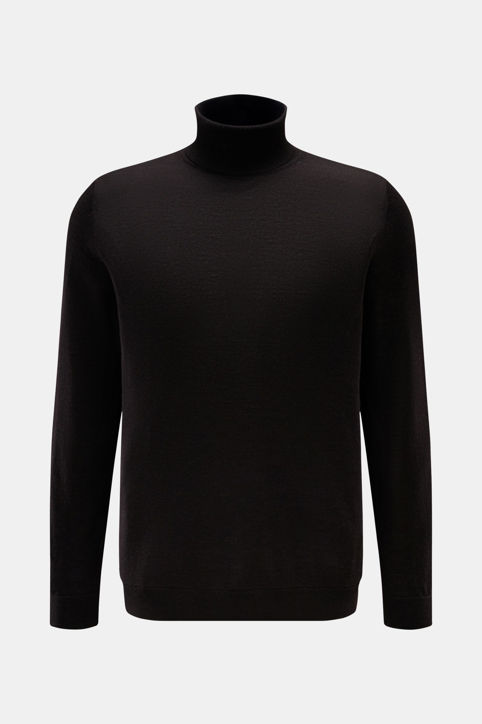 FTC Feinstrick-Rollkragenpullover dunkelbraun, slim Fit, aus Cashmere und Lyocell, feines Strickbild, Rippstrickkragen, Rippbündchen, Vorderansicht.