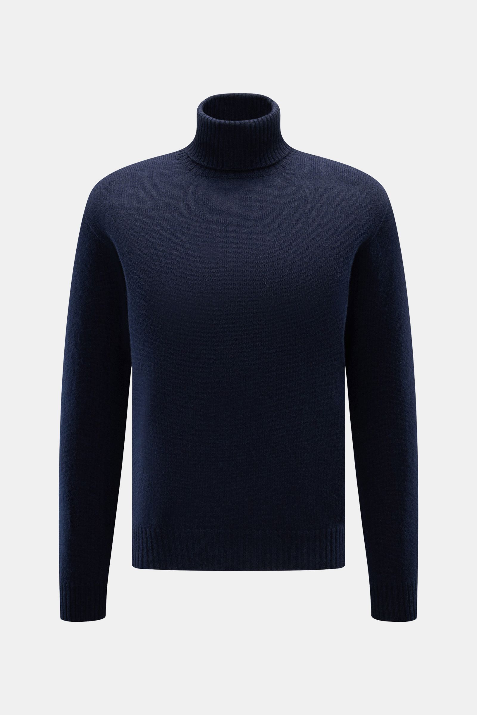 Front view of the 04651/ A trip in a bag Cashmere Rollkragenpullover navy, a timeless, soft 100% cashmere turtleneck sweater with fine knit, regular fit, ribbed collar and cuffs. 

Zeitloser Komfort für die kalte Saison: Der Rollkragenpullover 'Extreme