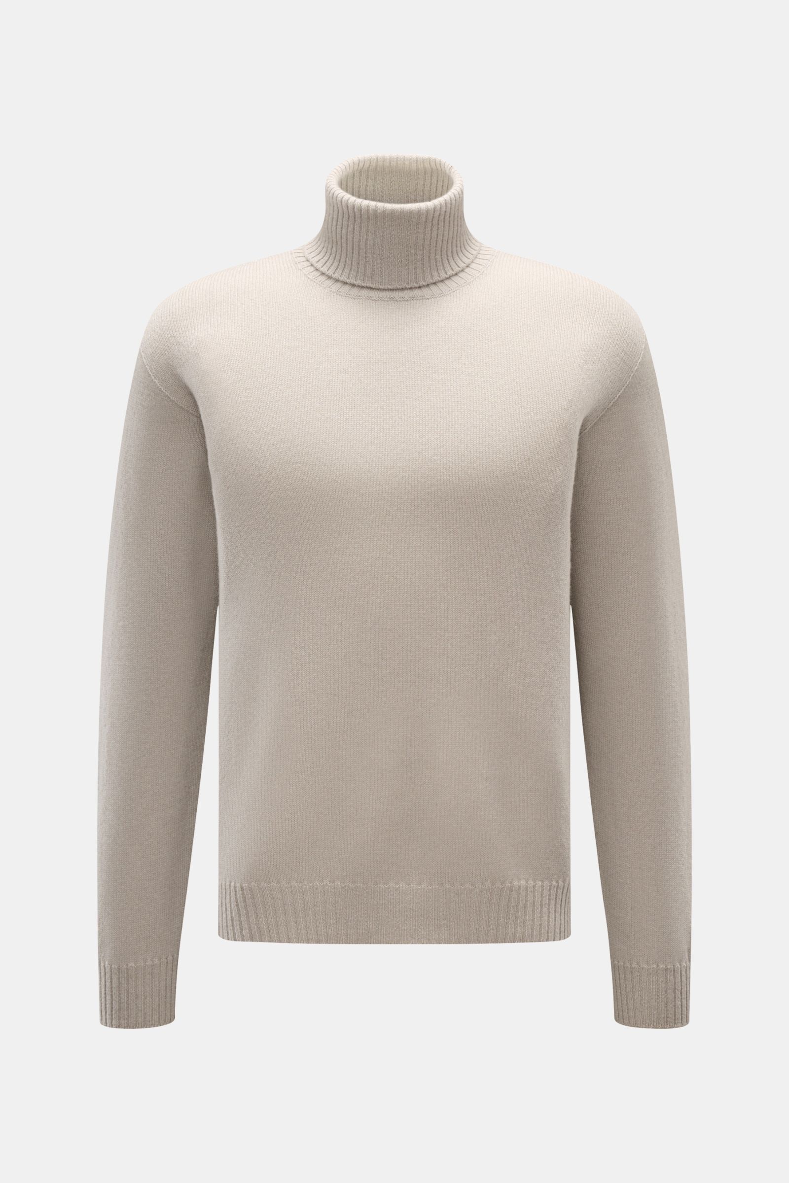 Front view of 04651/ A trip in a bag Cashmere Rollkragenpullover taupe, a taupe turtleneck sweater made from 100% pure cashmere with a soft touch, fine knit, regular fit, ribbed turtleneck and comfortable ribbed cuffs. Zeitloser Komfort für die kalte Sais