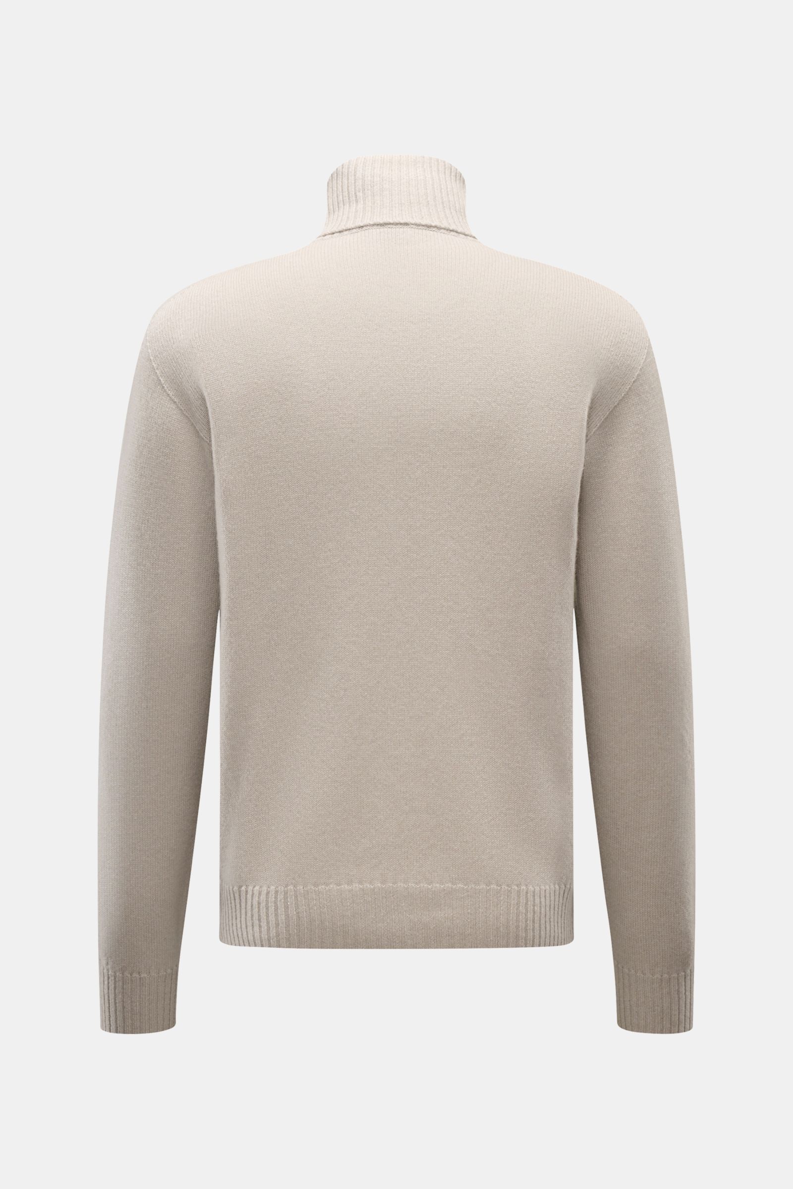 Back view of 04651/ A trip in a bag Cashmere Rollkragenpullover taupe, a soft 100% cashmere turtleneck with ribbed collar and cuffs, regular fit.

Description: Zeitloser Komfort für die kalte Saison: Der Rollkragenpullover 'Extreme Cashmere Turtle' von