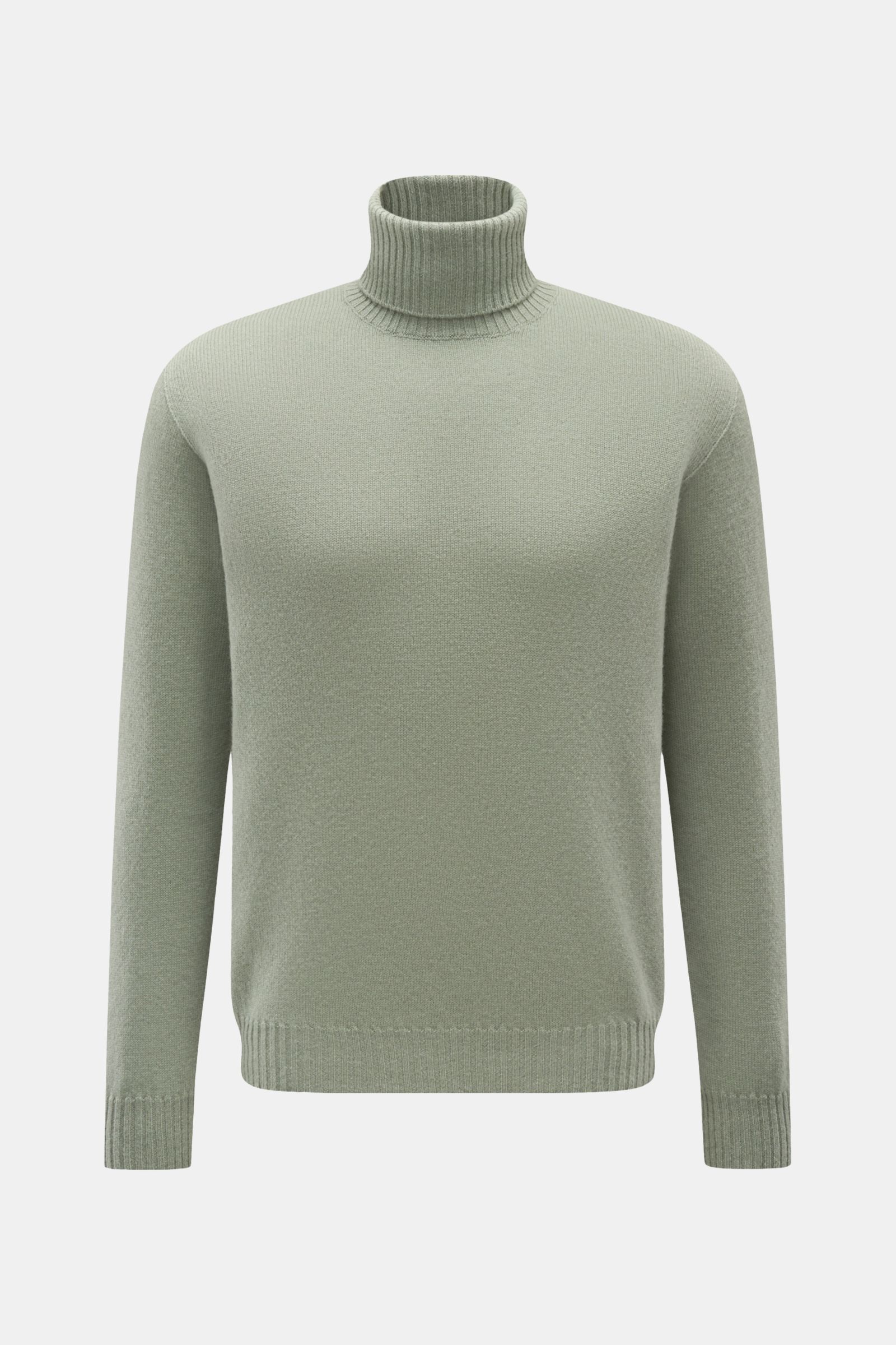 Frontale Aufnahme des graugrünen 04651/ A trip in a bag Cashmere Rollkragenpullovers mit feinem Strickbild, Rollkragen in Rippstrick, Rippbündchen, Regular Fit und weichem Griff aus 100% Cashmere.