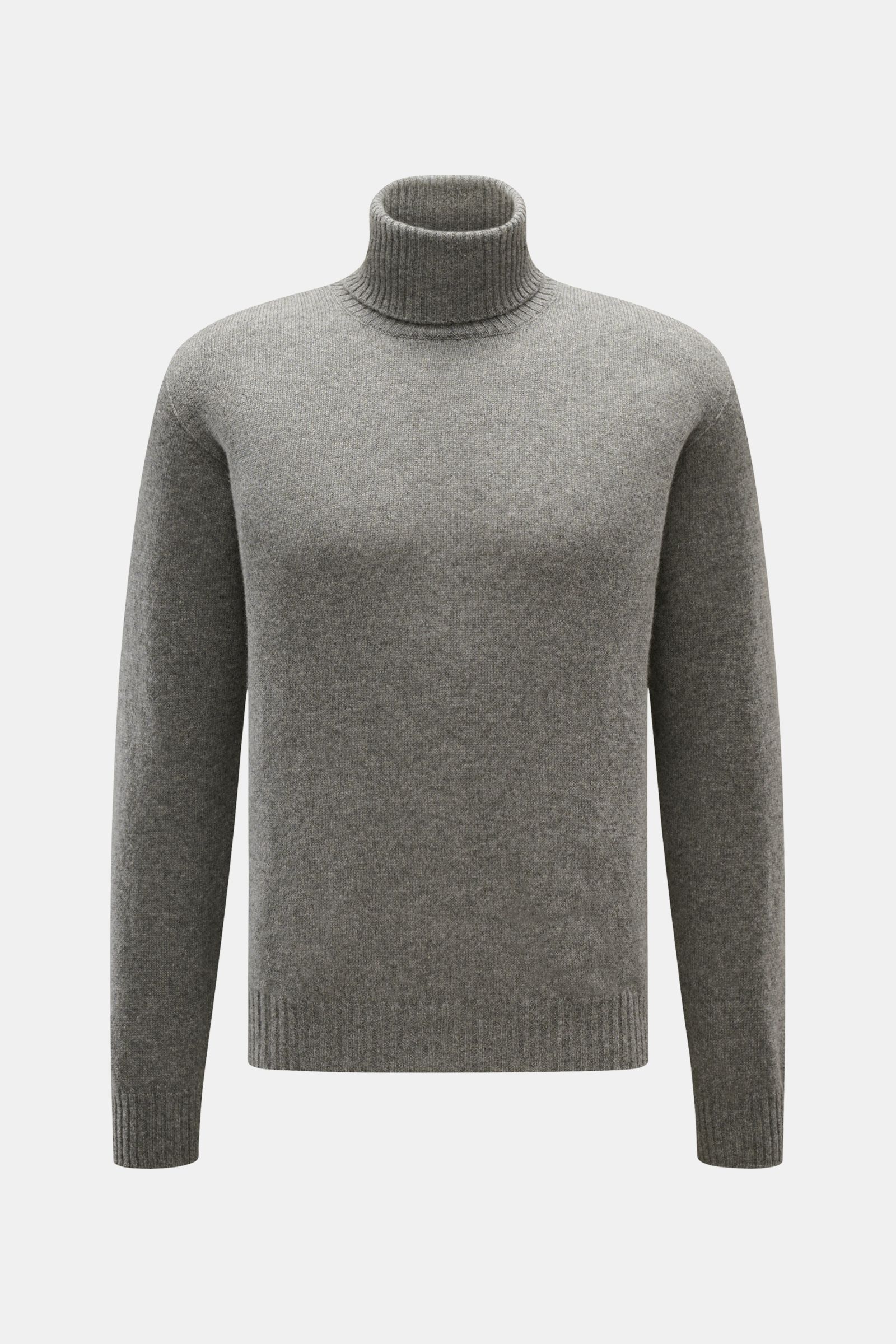 Front view of the 04651/ A trip in a bag Cashmere Rollkragenpullover grau meliert, a grey melange turtleneck sweater in 100% cashmere with ribbed collar and cuffs, soft touch, fine knit, and regular fit, offering timeless comfort for cold seasons.