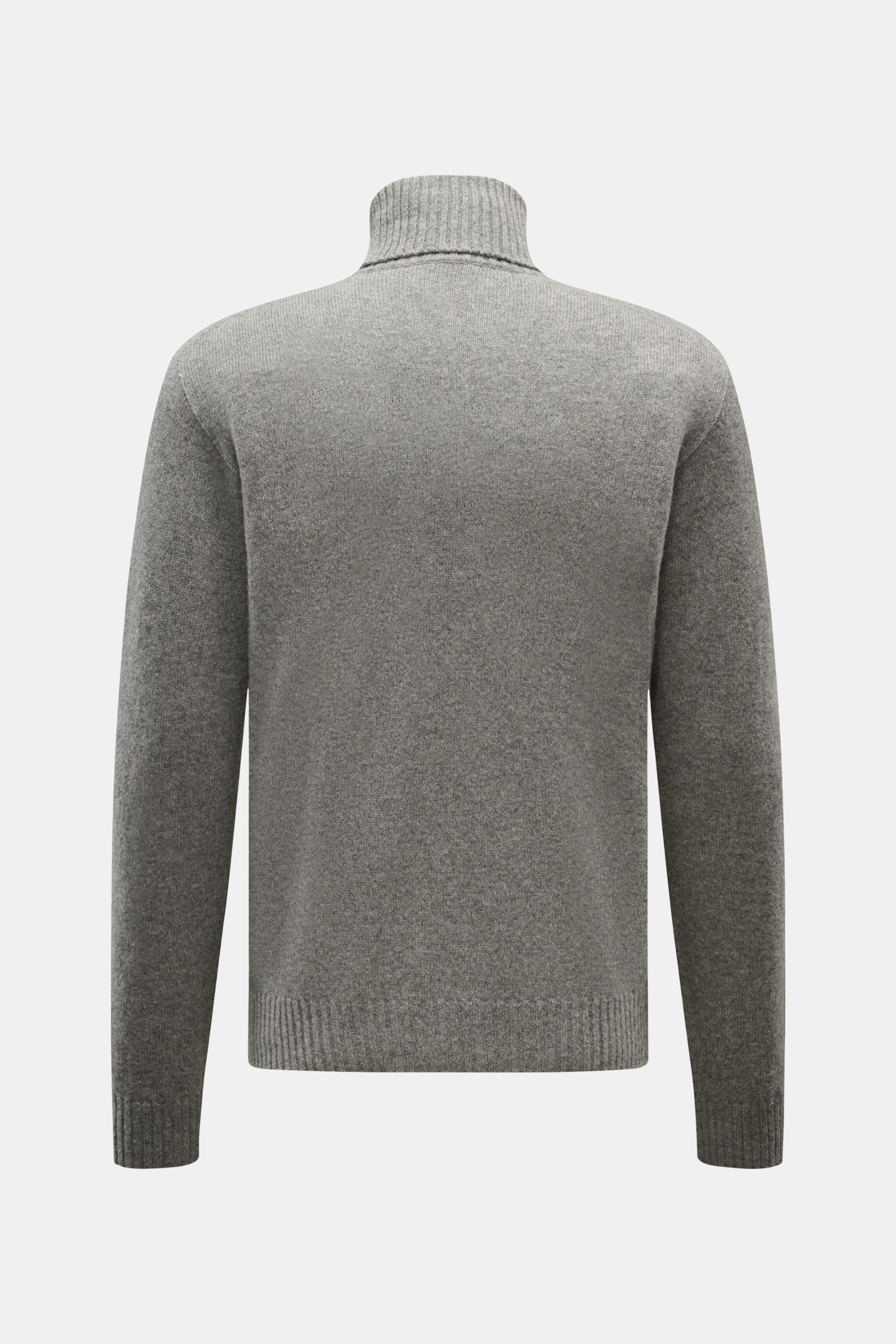 Back view of the 04651/ A trip in a bag Cashmere Rollkragenpullover grau meliert, a grey melange turtleneck sweater in soft 100% cashmere with fine knit, regular fit, ribbed collar and cuffs. 

Description: Zeitloser Komfort für die kalte Saison: Der R