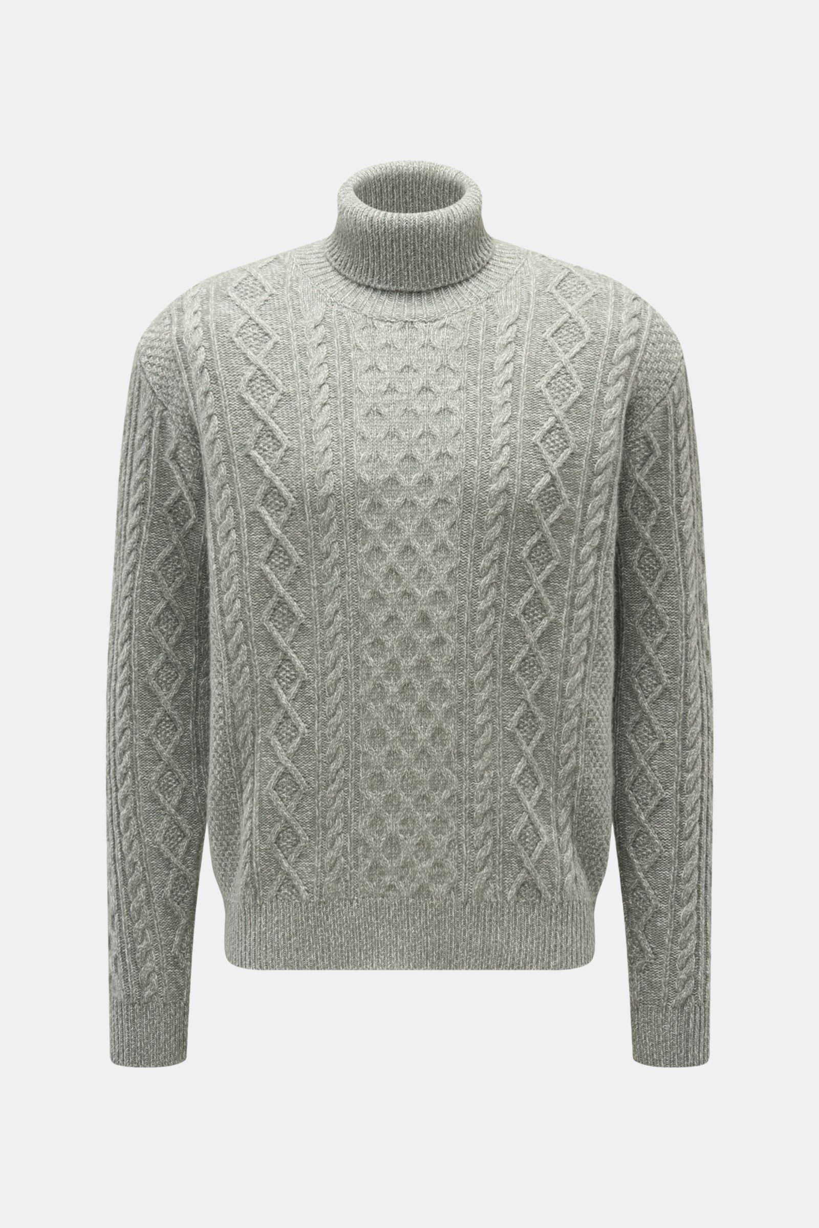 04651/ A trip in a bag Rollkragenpullover 'Mouline Cable Turtle' graugrün meliert, frontal fotografiert, voluminöses Zopfstrickmuster, Woll-Cashmere-Mix, weicher Griff, Regular Fit, Rippstrick-Rollkragen und komfortable Rippbündchen.