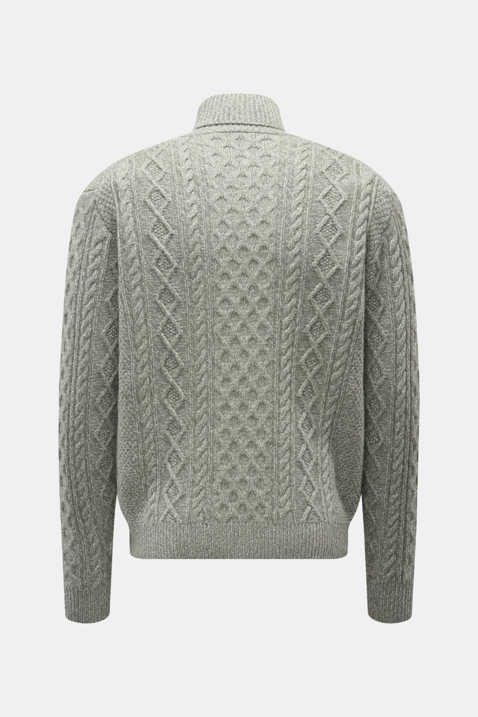 04651/ A trip in a bag Rollkragenpullover 'Mouline Cable Turtle' graugrün meliert, Rückansicht, voluminöses Zopfstrickmuster, Woll-Cashmere-Mix, Regular Fit, weicher Griff.