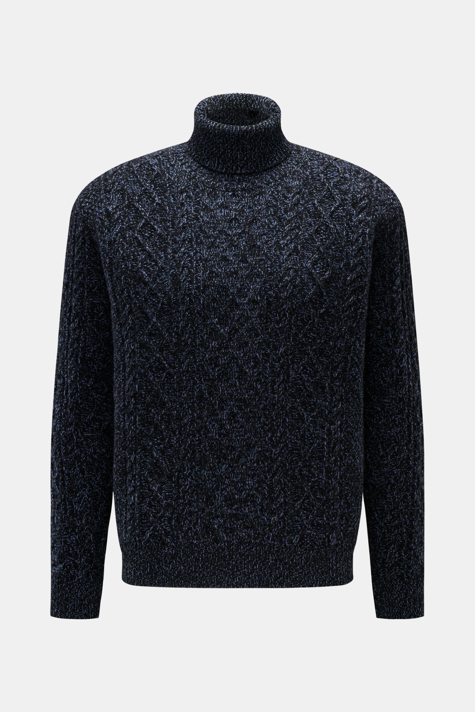 Front view of 04651/ A trip in a bag Turtleneck jumper 'Mouline Cable Turtle' navy melange, a voluminous cable knit jumper with ribbed turtleneck and bands.

Description: Luxurious comfort in a modern design for cold winter days – the turtleneck jumper