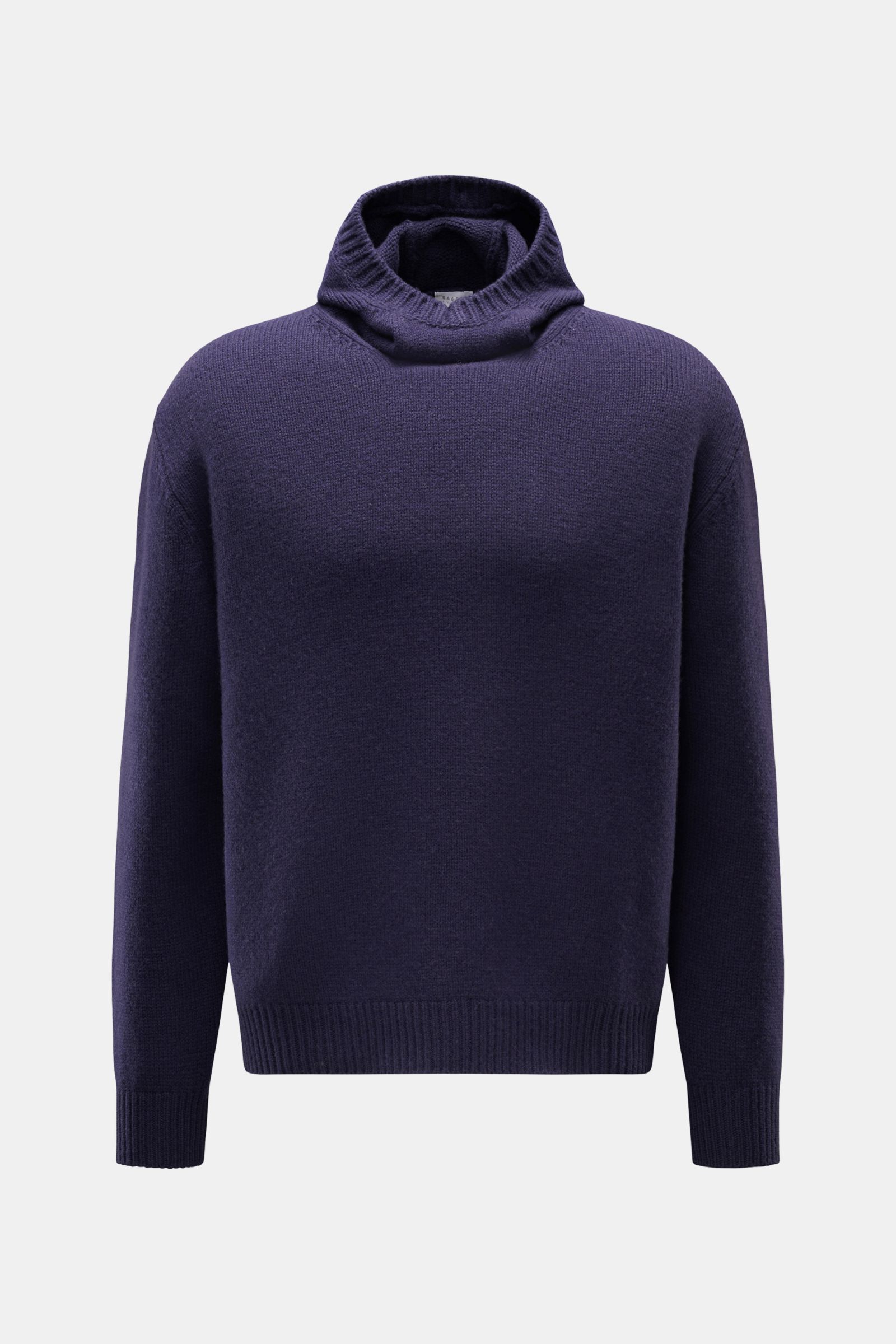 Front view of the 04651/ A trip in a bag Hooded jumper dark blue, a wool-cashmere blend with turtleneck hood, soft medium-fine knit, regular fit, wide ribbed bands, and high shawl collar providing reliable warmth.