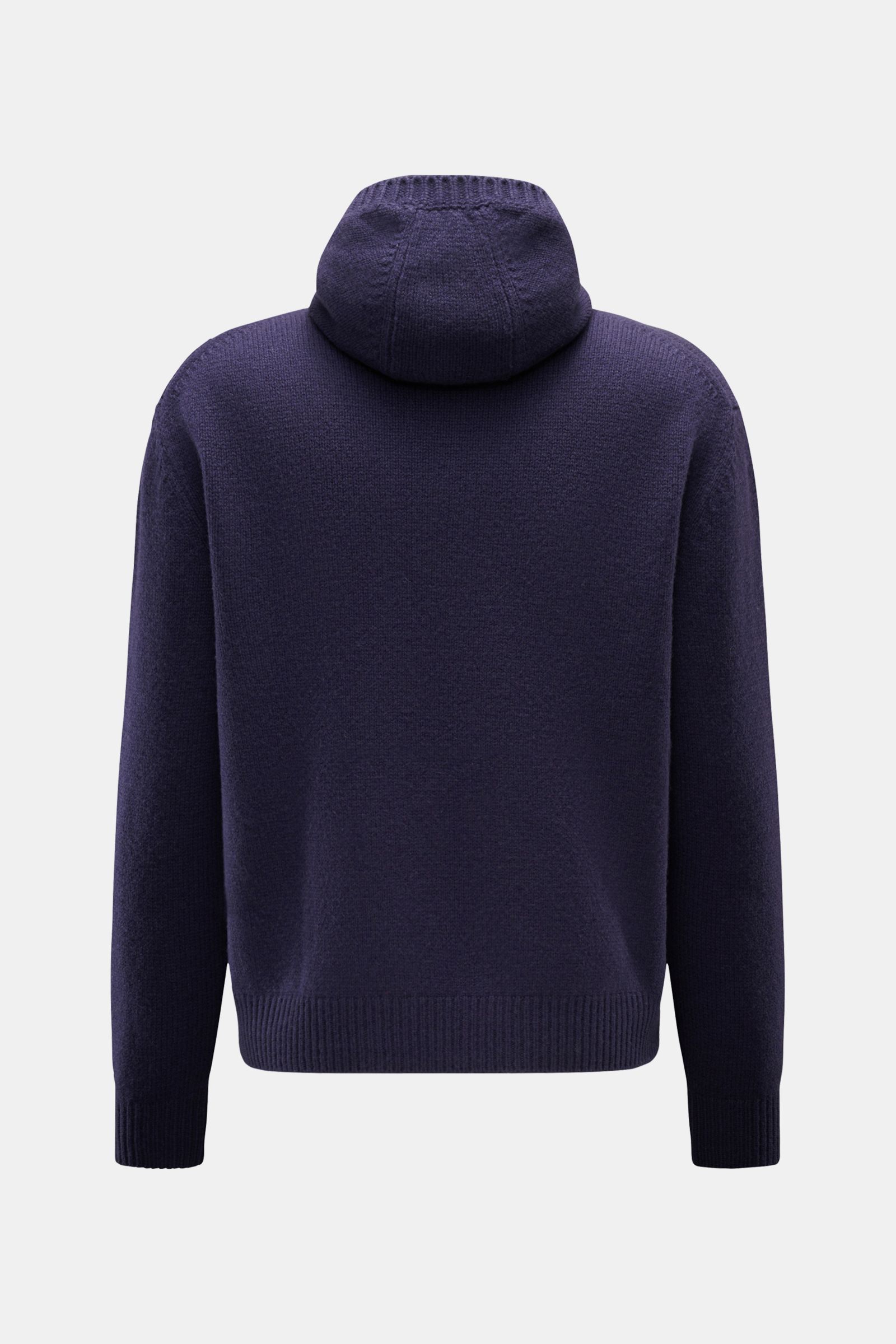 Rear view of the 04651/ A trip in a bag Hooded jumper dark blue, showcasing its medium-fine knit, soft wool-cashmere blend, wide ribbed bands, and high shawl collar with hood.

Provides reliable warmth: This hooded jumper from 04651/ A TRIP IN A BAG, w