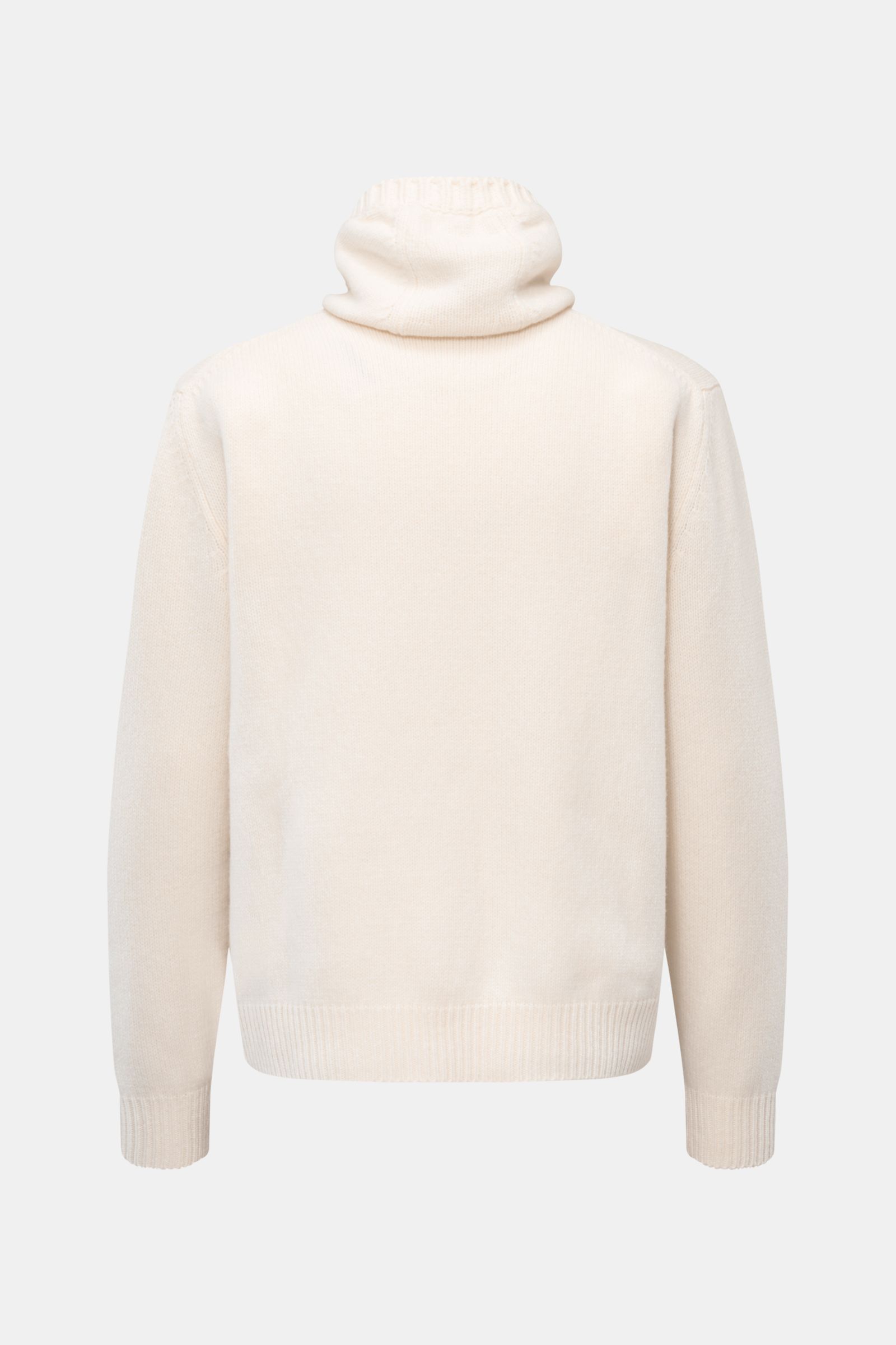 Rückansicht des offwhite 04651/ A trip in a bag Kapuzenpullovers mit hohem Schalkragen, Kapuze, Regular Fit, weichem Griff, Wolle-Cashmere-Mix, mittelfeinem Strickbild und breiten Rippbündchen.