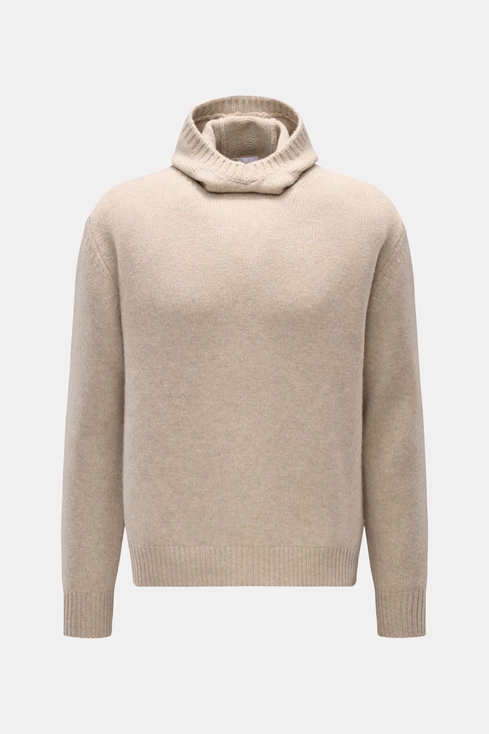 Front view of the 04651/ A trip in a bag Hooded jumper beige mottled, a soft wool and cashmere blend jumper with turtleneck hood, wide ribbed bands, medium-fine knit, and regular fit, providing reliable warmth and comfort on cooler days.
