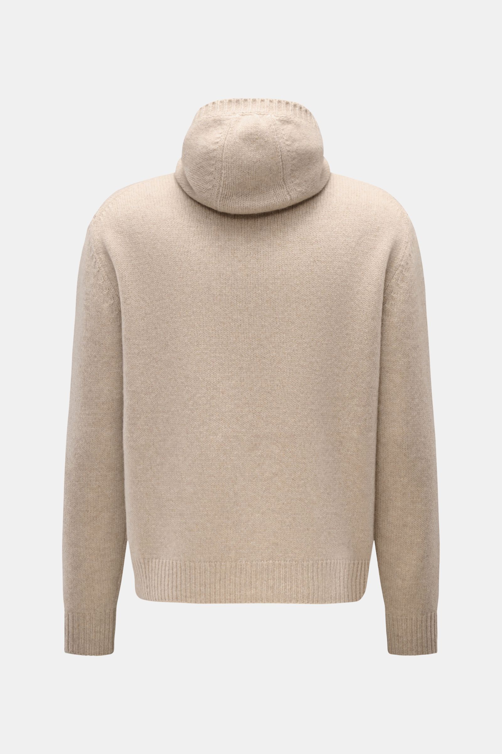 Back view of 04651/ A trip in a bag Hooded jumper beige mottled, medium-fine knit with a high shawl collar, hood, and wide ribbed bands.

Provides reliable warmth: This hooded jumper from 04651/ A TRIP IN A BAG, with its turtleneck and hood design, is 