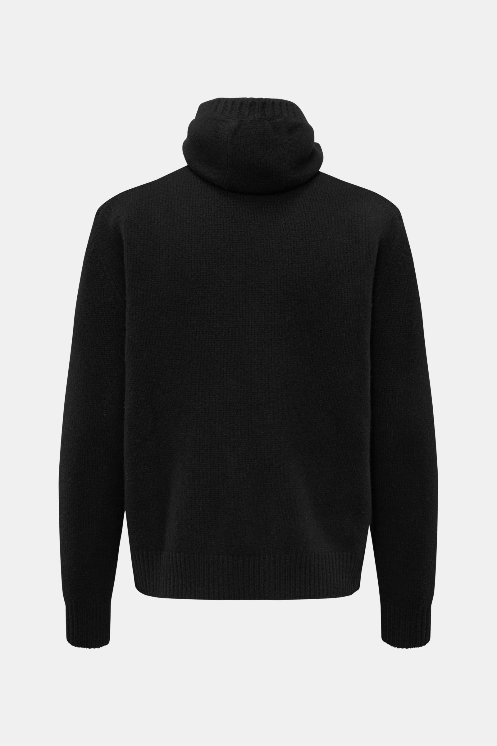 Black '04651/ A trip in a bag Kapuzenpullover schwarz' shown from the back, with a mix of wool and cashmere, soft touch, medium-fine knit, regular fit, high shawl collar with hood, and wide ribbed cuffs.