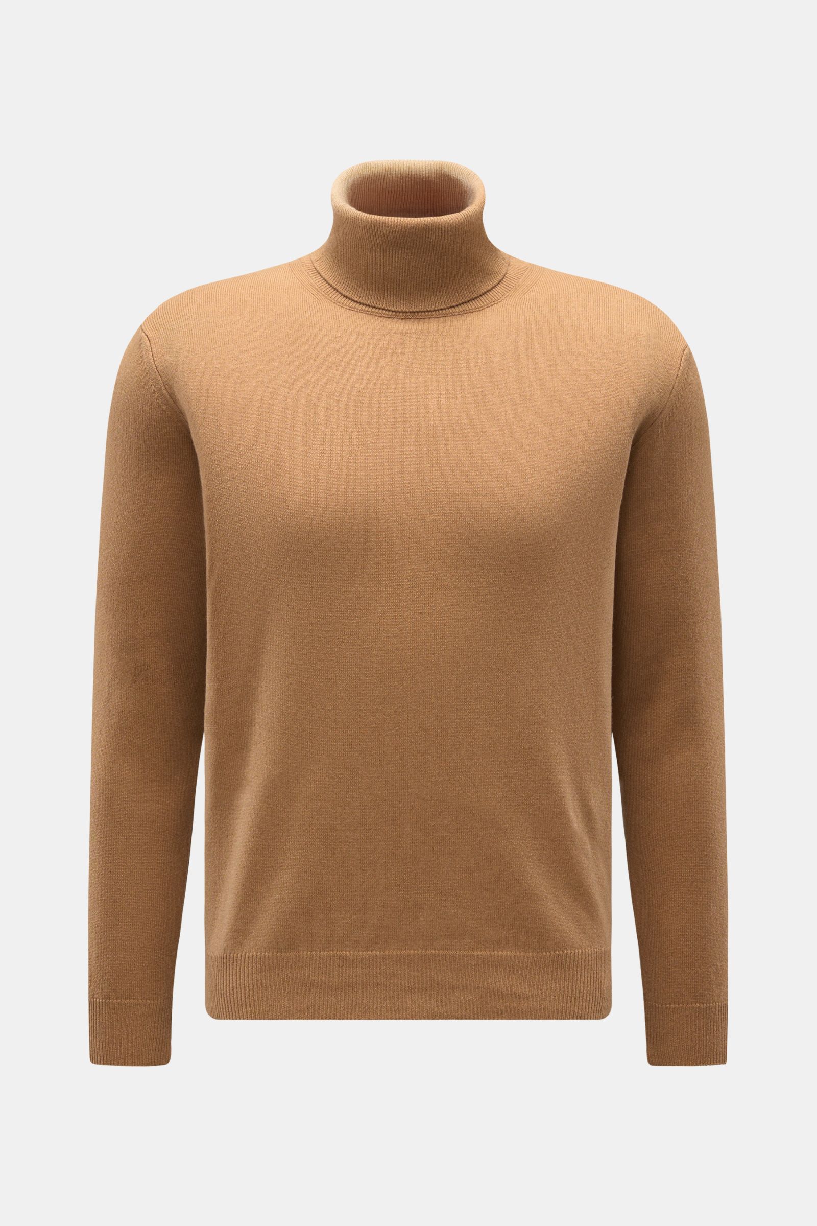 Front view of Moorer Turtleneck jumper 'Todi' camel, featuring a slim fit, close-fitting turtleneck, and flexible ribbed bands. Made from a cashmere and silk blend with a soft feel and fine knit.