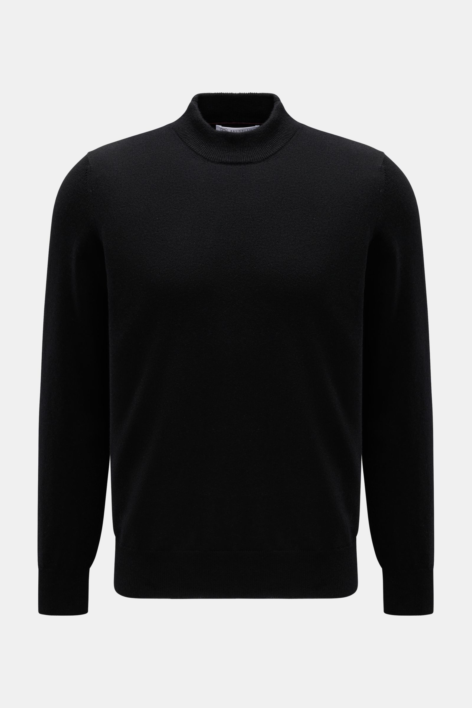 Brunello Cucinelli Cashmere Mock Neck Pullover schwarz, frontale Ansicht, reiner Cashmere, weicher Griff, feines Strickbild, Regular Fit, Stehkragen in Rippstrick, Rippbündchen mit Kontrastkante.