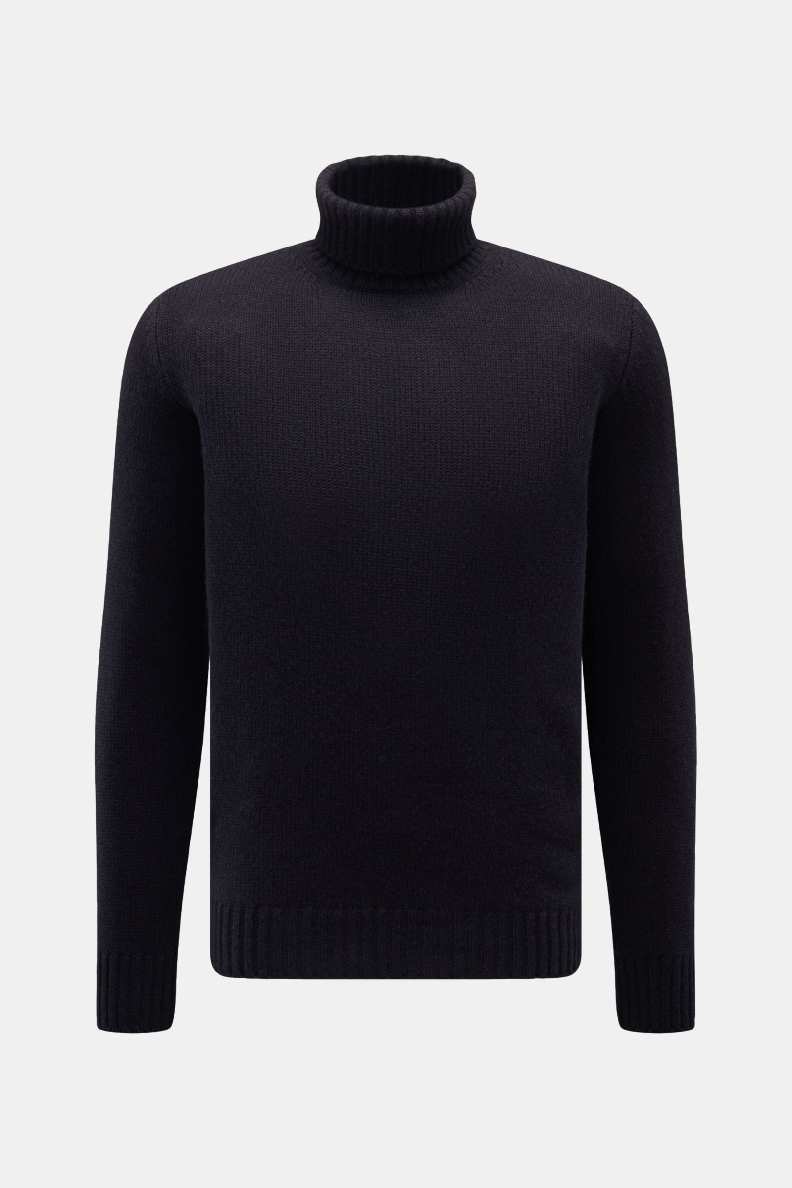Bruno Manetti Cashmere Rollkragenpullover dark navy, frontale Nahaufnahme, Slim Fit, weicher Griff, 100% Cashmere, mittelfeines Strickbild, Rollkragen, Rippbündchen.