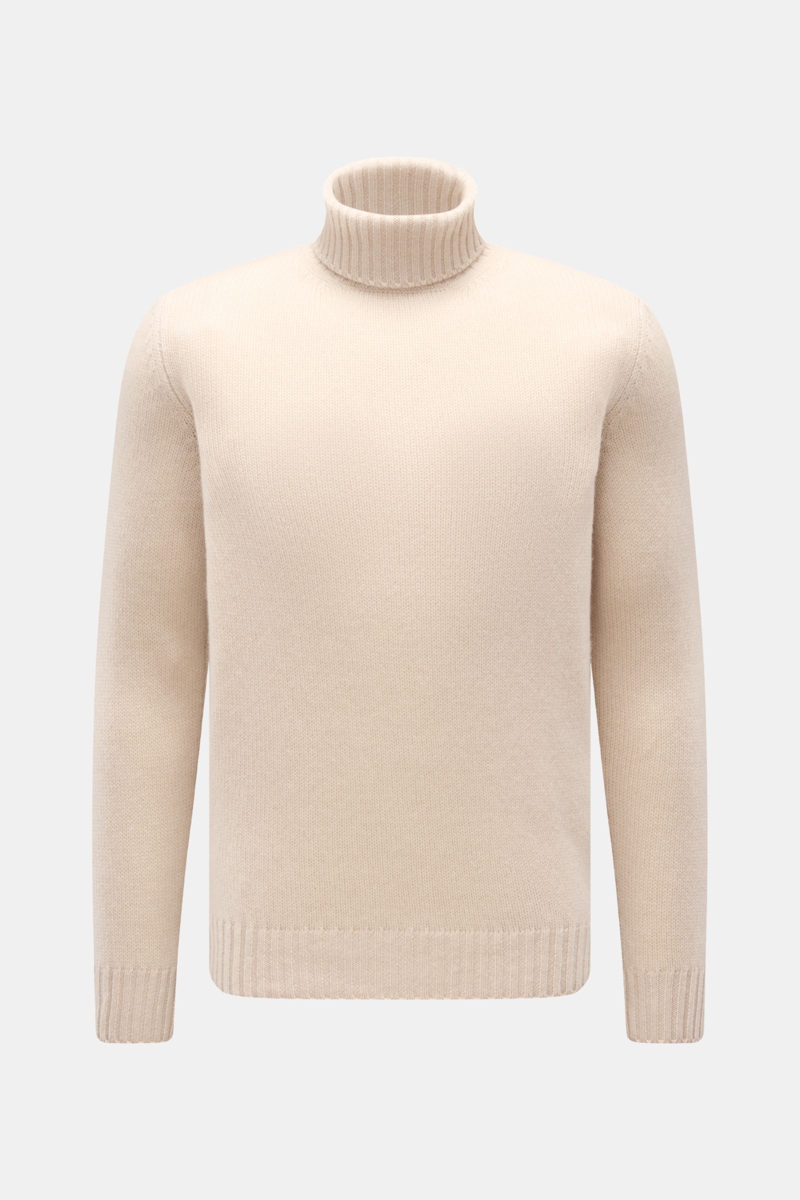Bruno Manetti Cashmere Rollkragenpullover creme, Slim Fit, mittelfeines Strickbild, weicher Griff, reiner Cashmere, Rippbündchen, frontal fotografiert.