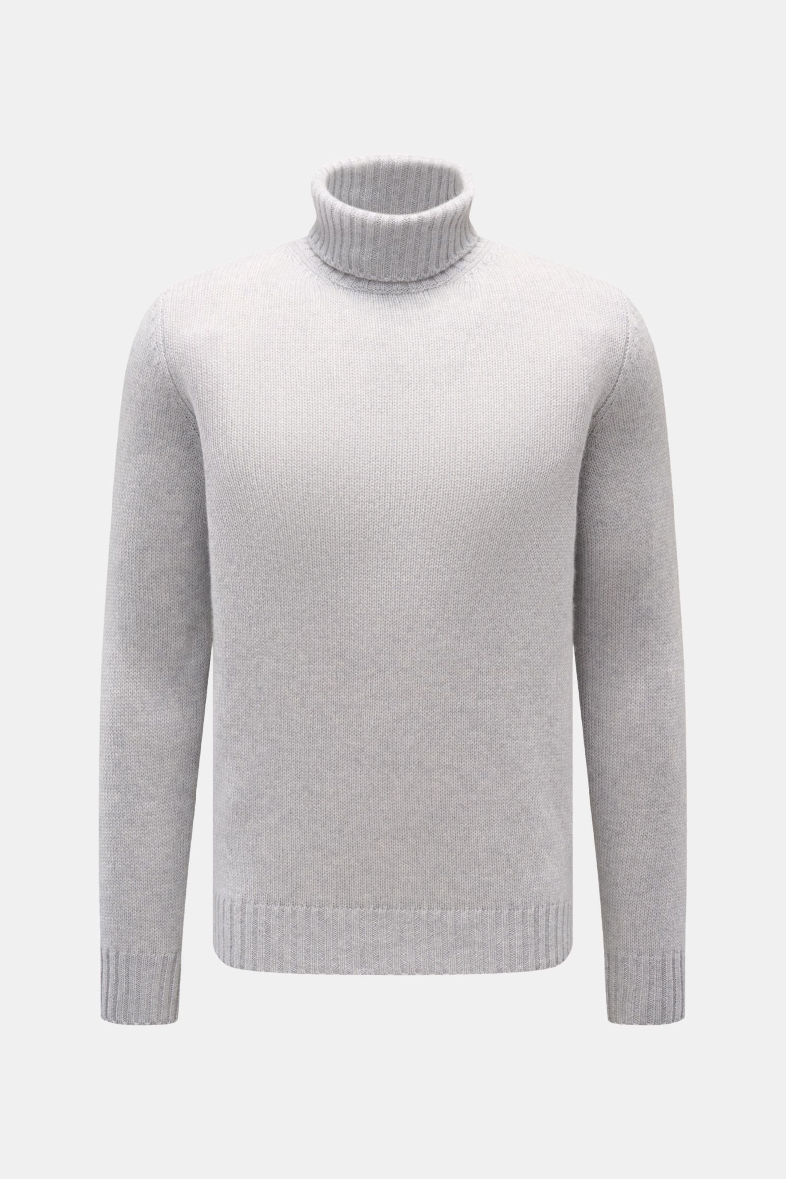 Front view of Bruno Manetti Cashmere Rollkragenpullover hellgrau meliert, a slim fit, light grey marl turtleneck sweater made of 100% cashmere with a soft touch, medium fine knit, fitted collar, and comfortable ribbed cuffs. 

Zeitloses Winter-Essentia