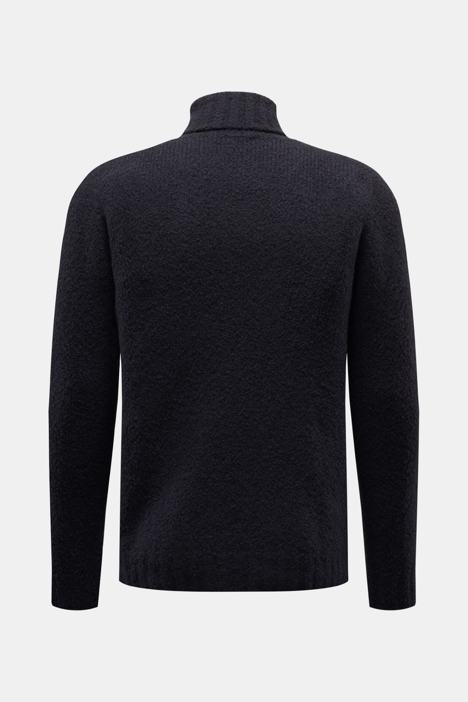 Back view of the 04651/ A trip in a bag Rollkragenpullover 'Chunky Turtle' navy, a slim fit, voluminous knit turtleneck sweater made from a mix of new wool and high-quality microfiber, featuring a soft touch and comfortable ribbed cuffs, photographed agai