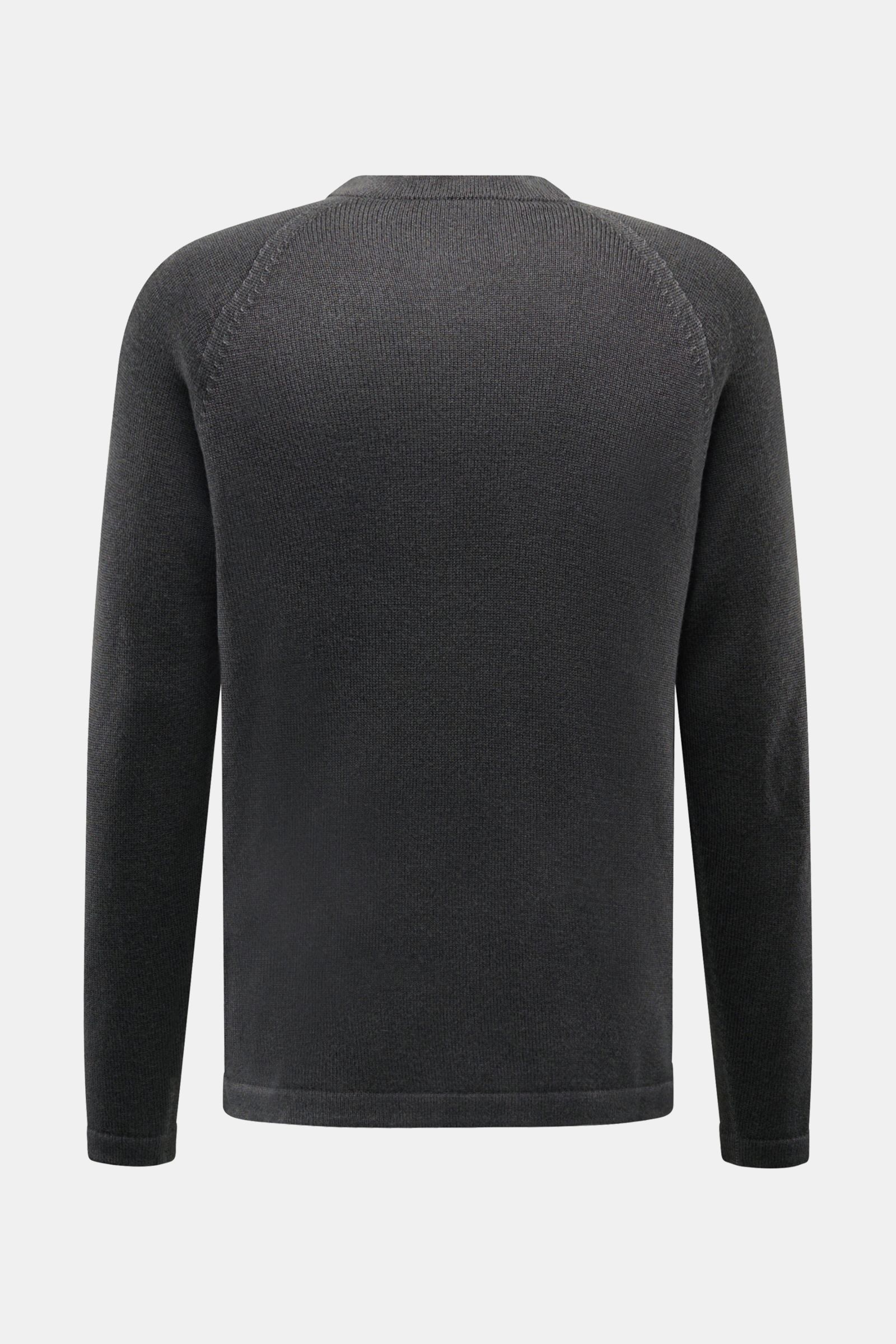 Rear view of 04651/ A trip in a bag Reversible crew neck jumper 'Foggy Crew' dark grey made of pure virgin wool with a smooth, medium-fine knit and ribbed bands.

This reversible jumper 'Foggy Crew' made of pure virgin wool by 04651/ A TRIP IN A BAG ge
