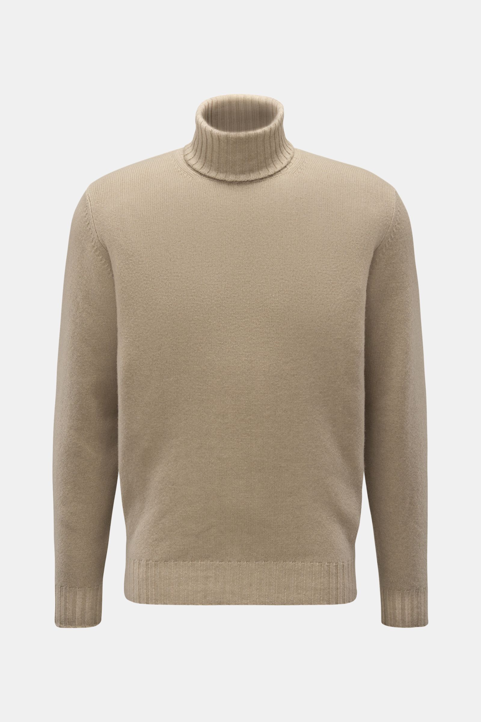 Filippo de Laurentiis Merino Rollkragenpullover sand, frontale Ansicht, Regular Fit, superfeine Merinowolle mit Cashmere, weicher Griff, garment dyed, Rippbündchen.