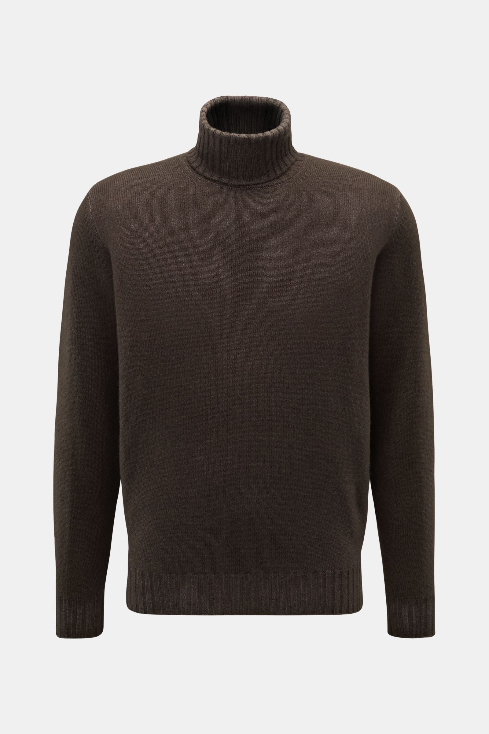 Filippo de Laurentiis Merino Rollkragenpullover dunkelbraun meliert, frontale Nahaufnahme, garment dyed, weicher Griff, Regular Fit, flexible Rippbündchen.
