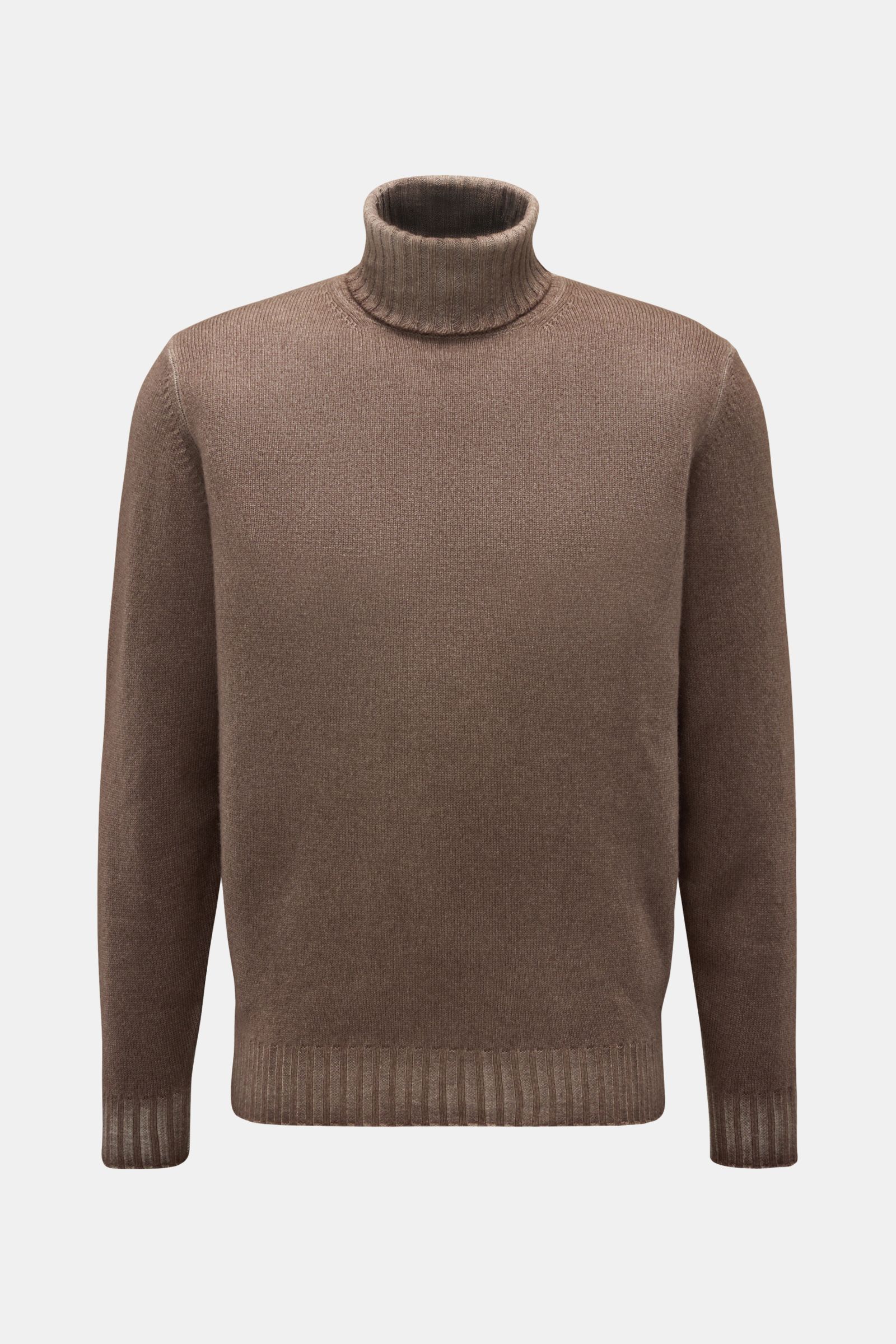 Filippo de Laurentiis Merino Rollkragenpullover braun meliert, frontale Ansicht, garment dyed, Regular Fit, weicher Griff, Rippbündchen, Merinowolle & Cashmere.